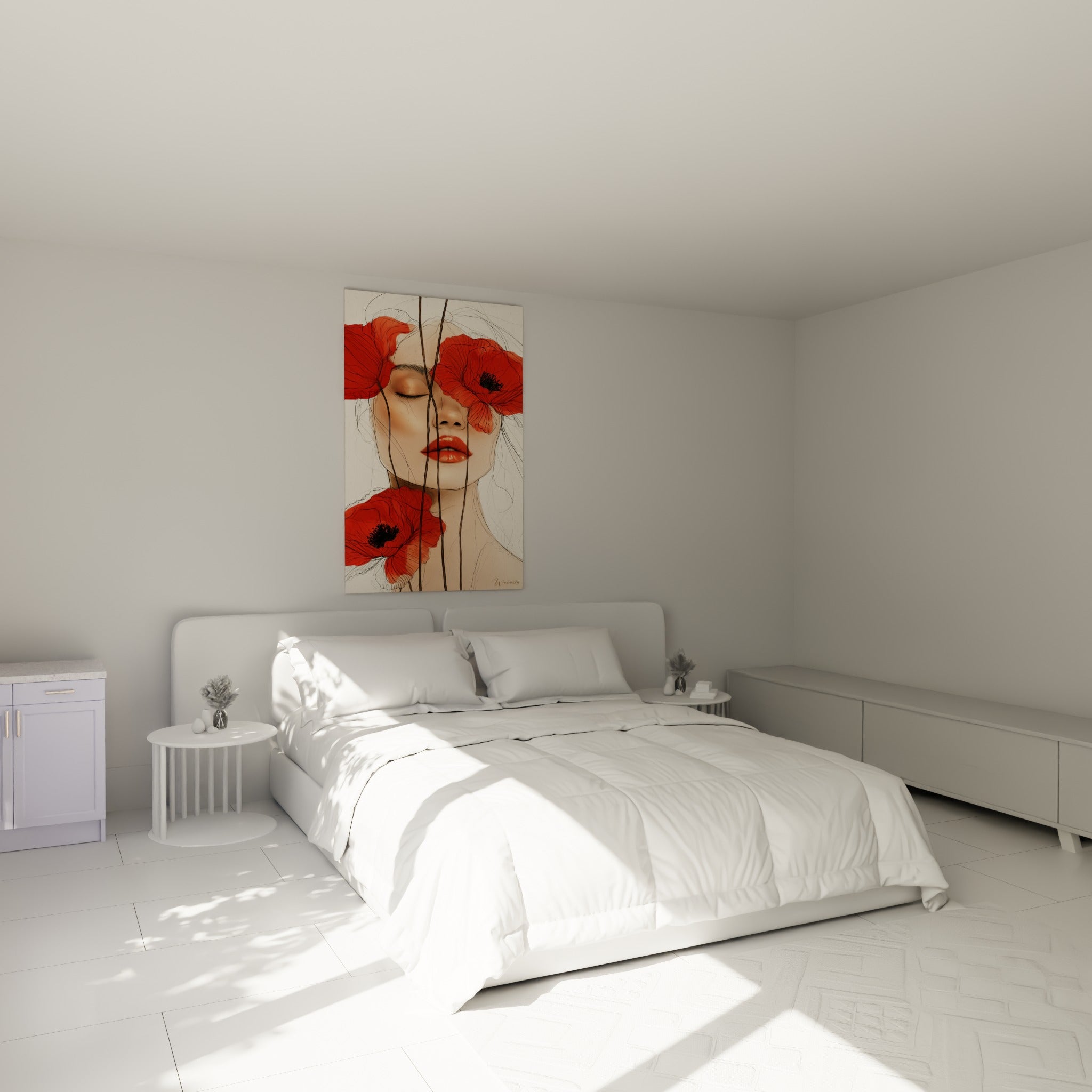 Portrait aux coquelicots vermillon et lèvres rouges accroché au-dessus d'un lit dans une chambre claire