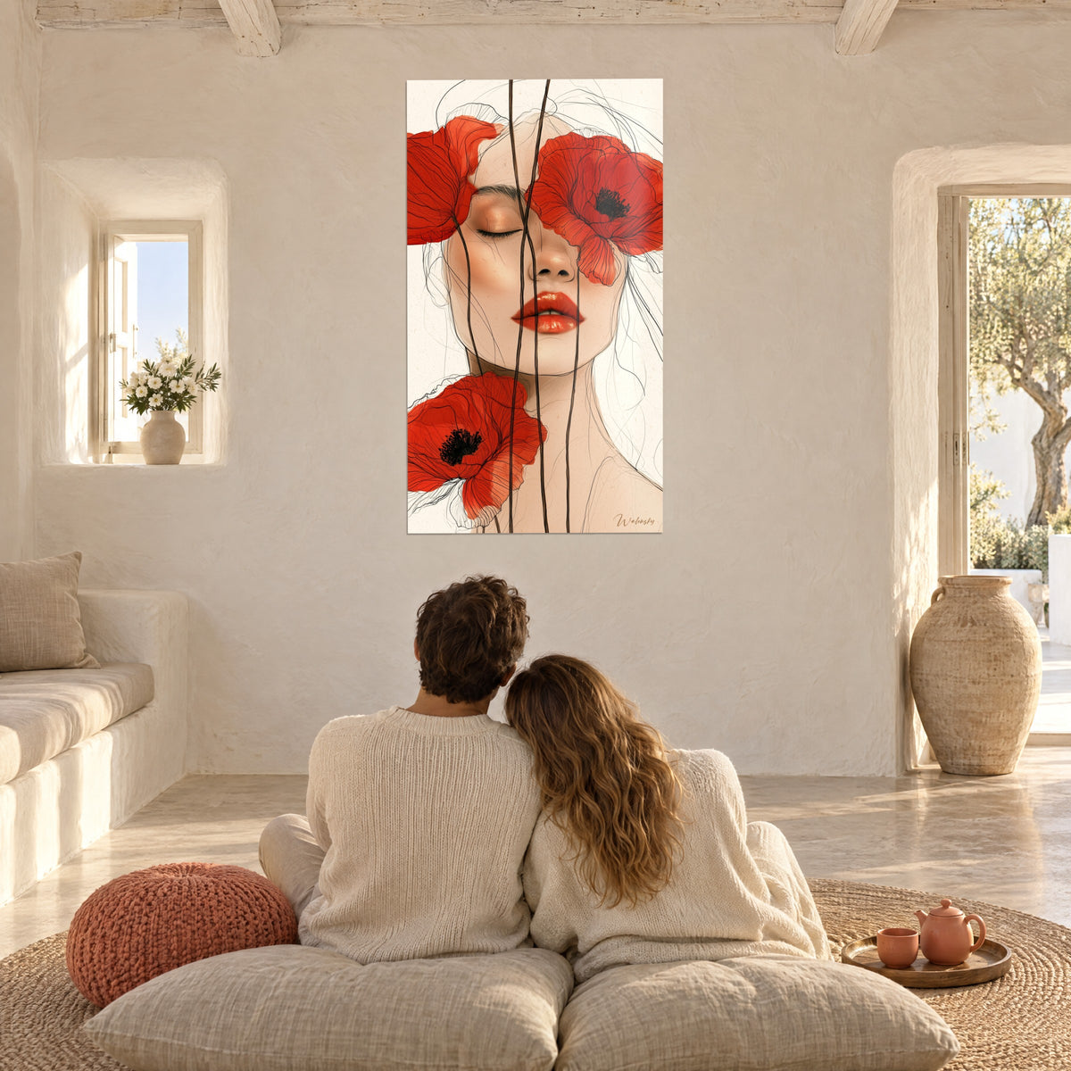 Πίνακας ονειρεμένο προφίλ στεφανωμένο με κατακόκκινες παπαρούνες, γυαλιστερά χείλη και εκρού φόντο, θαυμασμένο από ζευγάρι καθισμένο σε μαξιλάρια