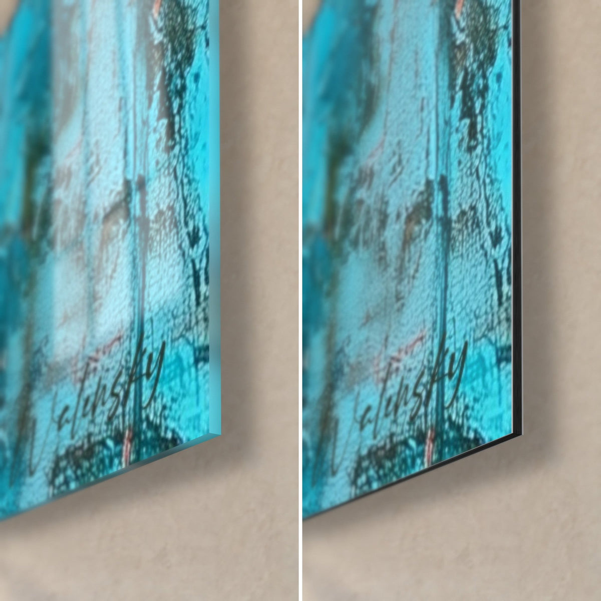 Tableau fleurs rouge vif, coin bas droit : verre acrylique brillant et reflets à gauche, alu Dibond noir mat à droite, tranche de 3 mm