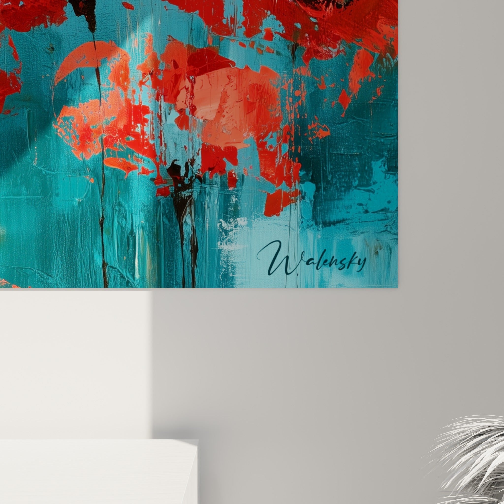 Empâtements rouges et coulures dorées visibles sur la toile turquoise, matière épaisse au couteau