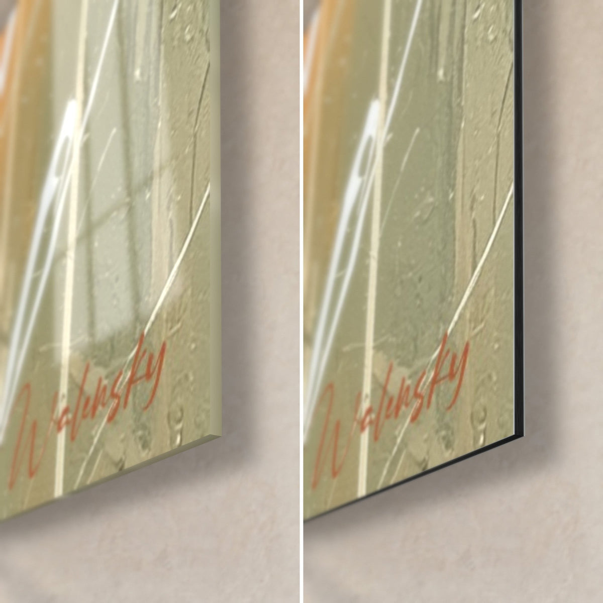 Schilderij boeket klaprozen, rechtsonder: glanzend acrylglas links, mat Dibond rechts, rand van 3 mm, saliegroen en roest