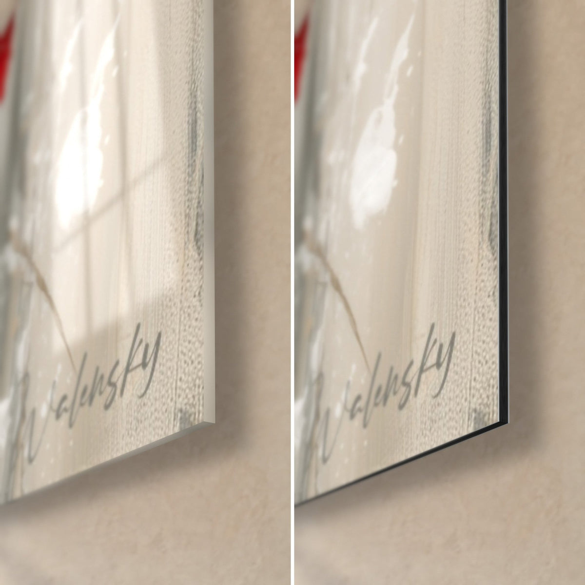 Wall art red poppy blooms on silver-grey background, bottom right corner: glossy acrylic glass on the left, matte black Dibond on the right