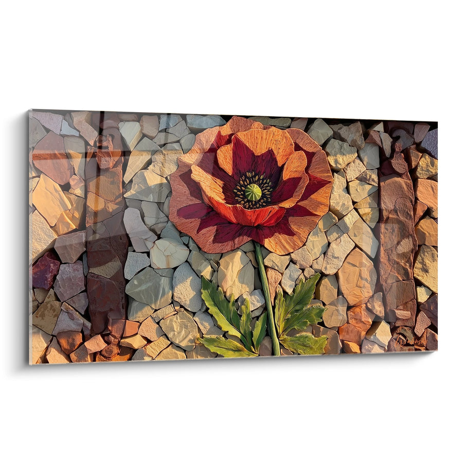 Tableau mosaïque de pierres avec fleur orange et rouge aux pétales texturés - Floraison Minérale - Edition Coquelicot