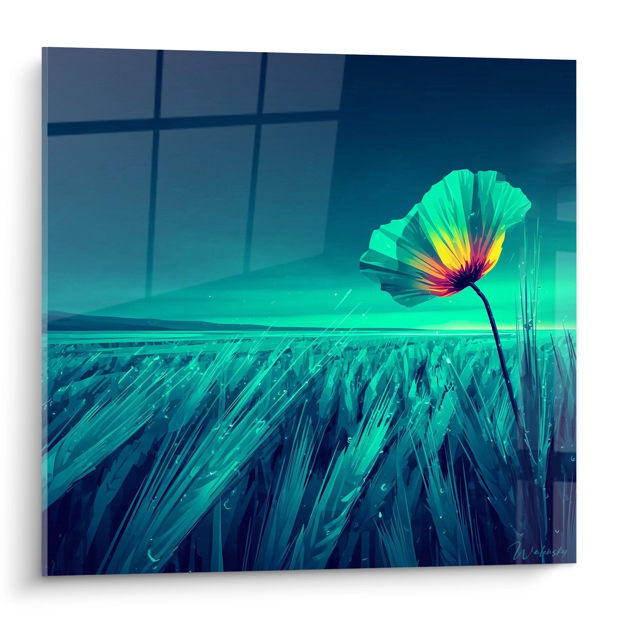 Tableau coquelicot multicolore sur champ turquoise avec ciel géométrique bleu, art contemporain floral