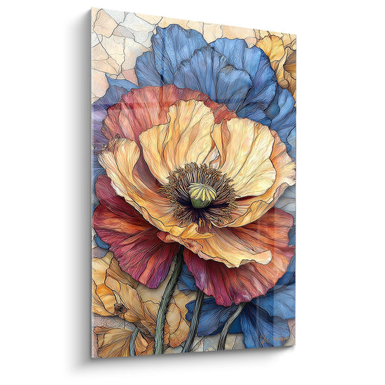 Quadro papavero multicolore con petali gialli e rossi su sfondo blu, fiore stilizzato arte contemporanea decorazione murale