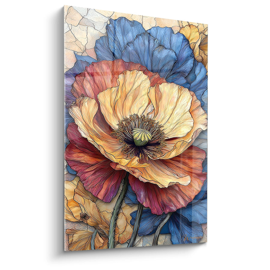 Tableau Fleur Multicolore aux Pétales Jaunes et Rouges sur Fond Bleu - Éclosion Solaire - Edition Coquelicot