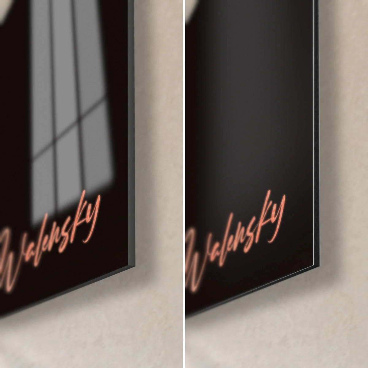 Tableau pavot rouge sur fond noir, coin bas droit : verre acrylique brillant à gauche, Dibond mat à droite, signature cuivrée