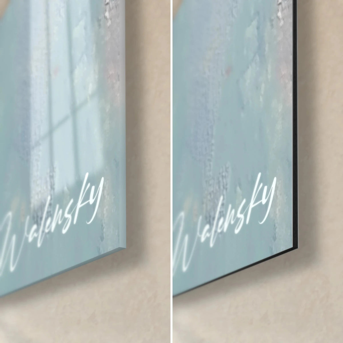 Schilderij rode klaprozenbloem op hemelsblauwe achtergrond, handtekening Walensky rechtsonder, glanzend acrylglas en mat Dibond-aluminium, dikte 3 mm