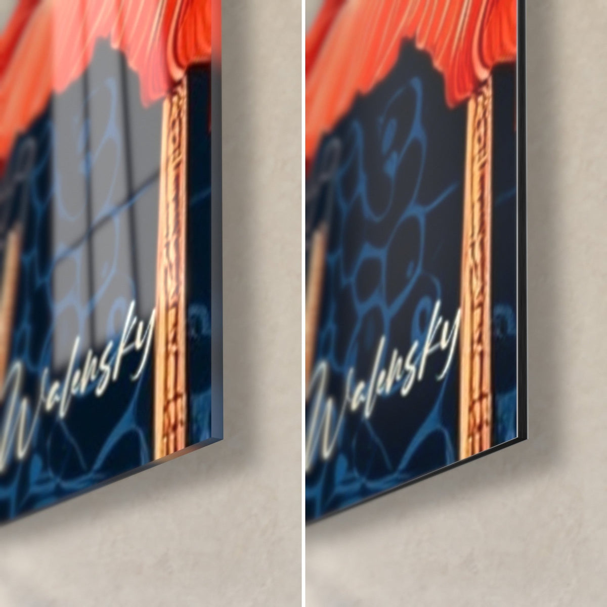 Schilderij met oranje klaprozenblaadjes en een middernachtblauwe achtergrond, rechtsonder, Walensky-signatuur, rand van 3 mm, glas en Dibond