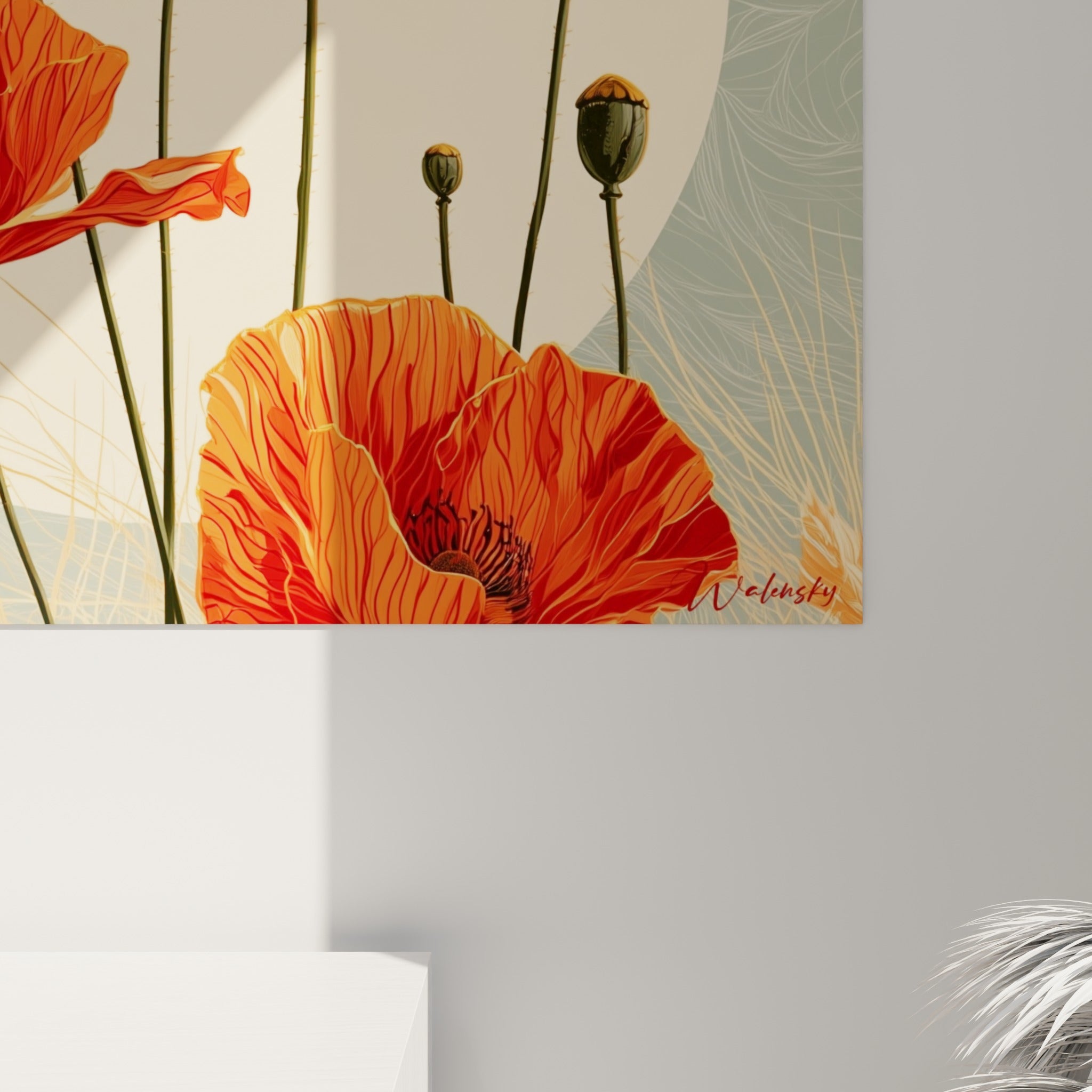 Nervures fines et pétales froissés du coquelicot orangé, grain de l'impression visible en gros plan