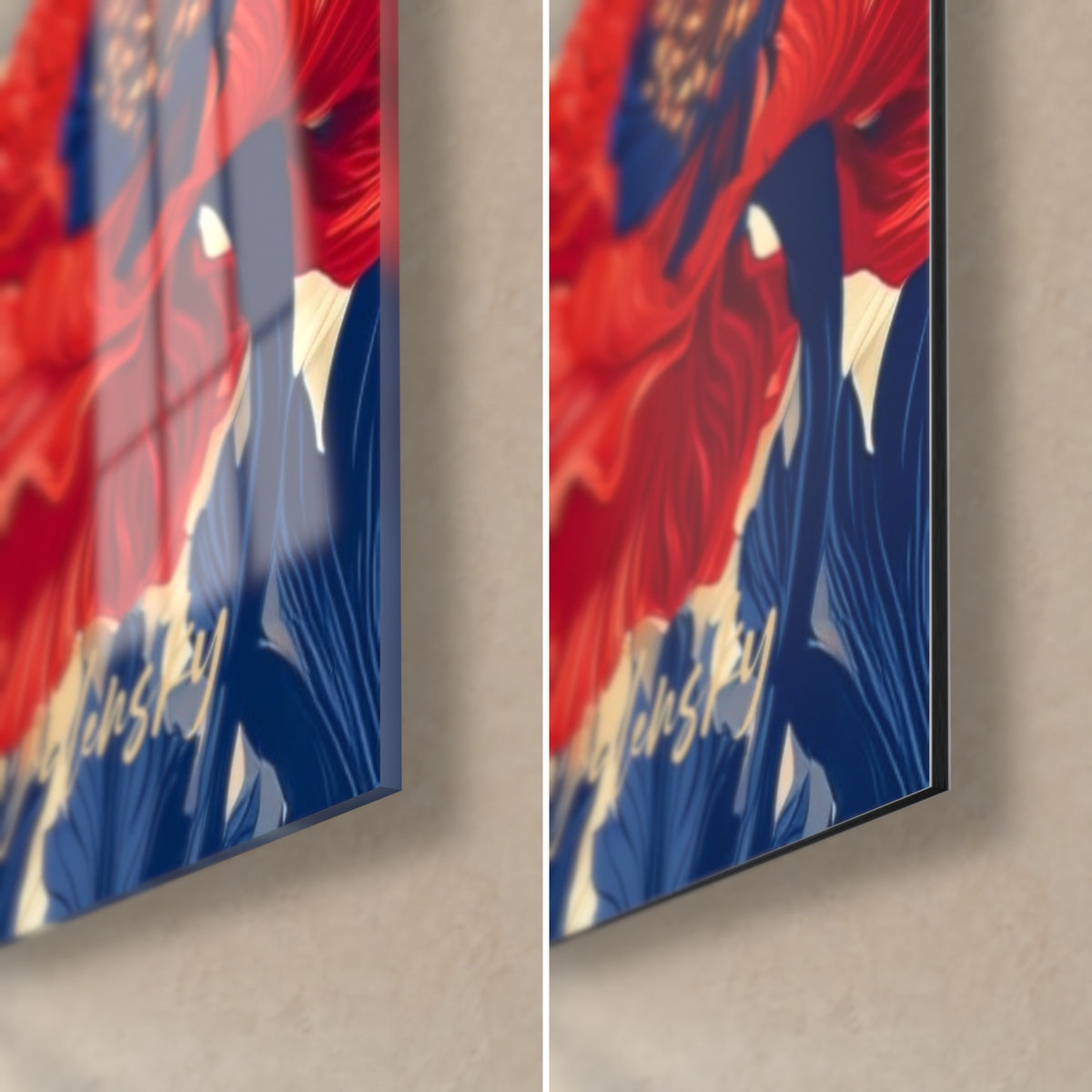 Wall art of vivid red poppy blooms and midnight blue leaves, bottom right corner: glossy acrylic glass and matte Dibond, 3 mm edge