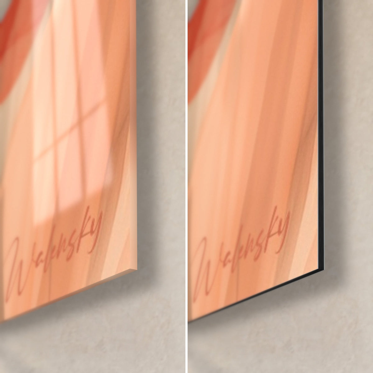 Tableau duo de coquelicots pêche et corail, coin bas droit en verre acrylique brillant à gauche et Dibond mat à droite, tranche de 3 mm visible