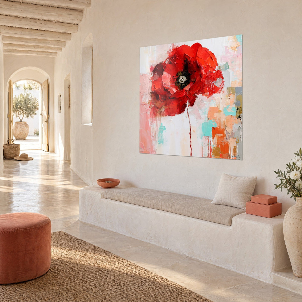 Tableau coquelicot flamboyant à la pâte épaisse, tige rouge fine, aplats corail et turquoise, mur blanc méditerranéen