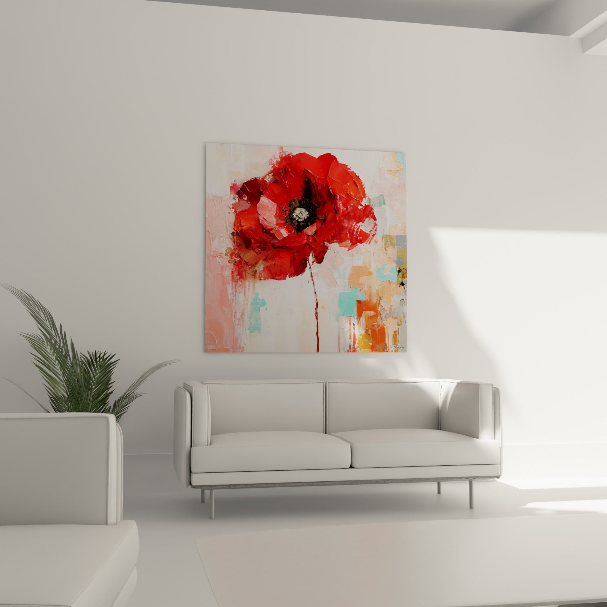 Pétales rouge intense et cœur noir contrastent sur fond ocre, au-dessus d'un canapé dans un salon lumineux