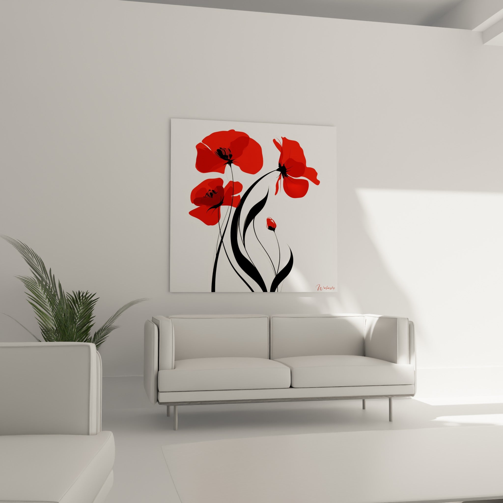 Pétales rouges et courbes noires du coquelicot s'élancent au-dessus d'un canapé dans un salon lumineux