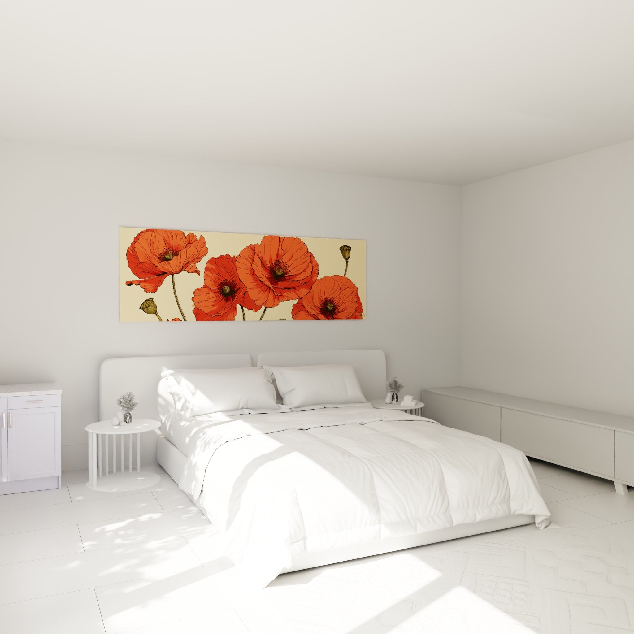 Cinq coquelicots orangés aux cœurs noirs accrochés au-dessus d'un lit dans une chambre claire