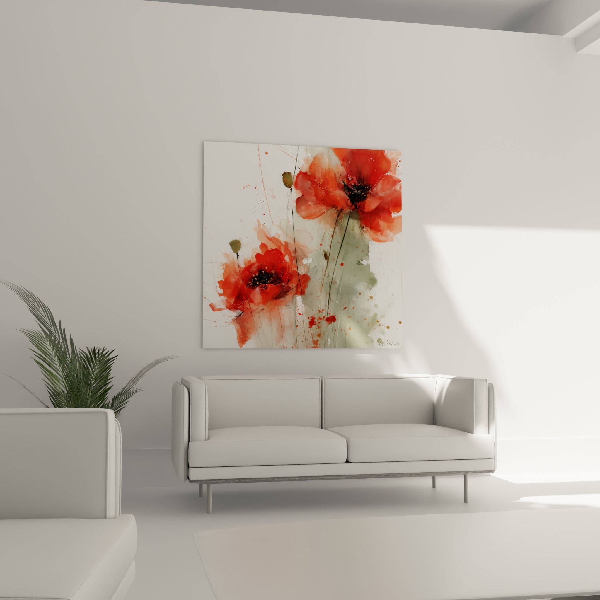 Fleurs de coquelicot rouge orangé et capsules vertes en éclats d'aquarelle, au-dessus d'un canapé dans un salon lumineux
