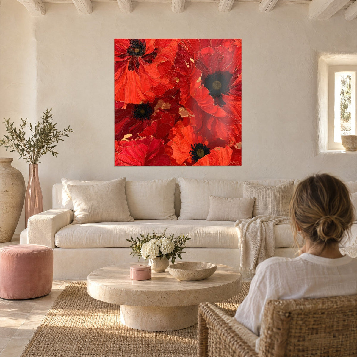Cuadro amapolas escarlata con corazones negros y pétalos veteados de oro, contempladas por una mujer sobre un sofá en un salón luminoso