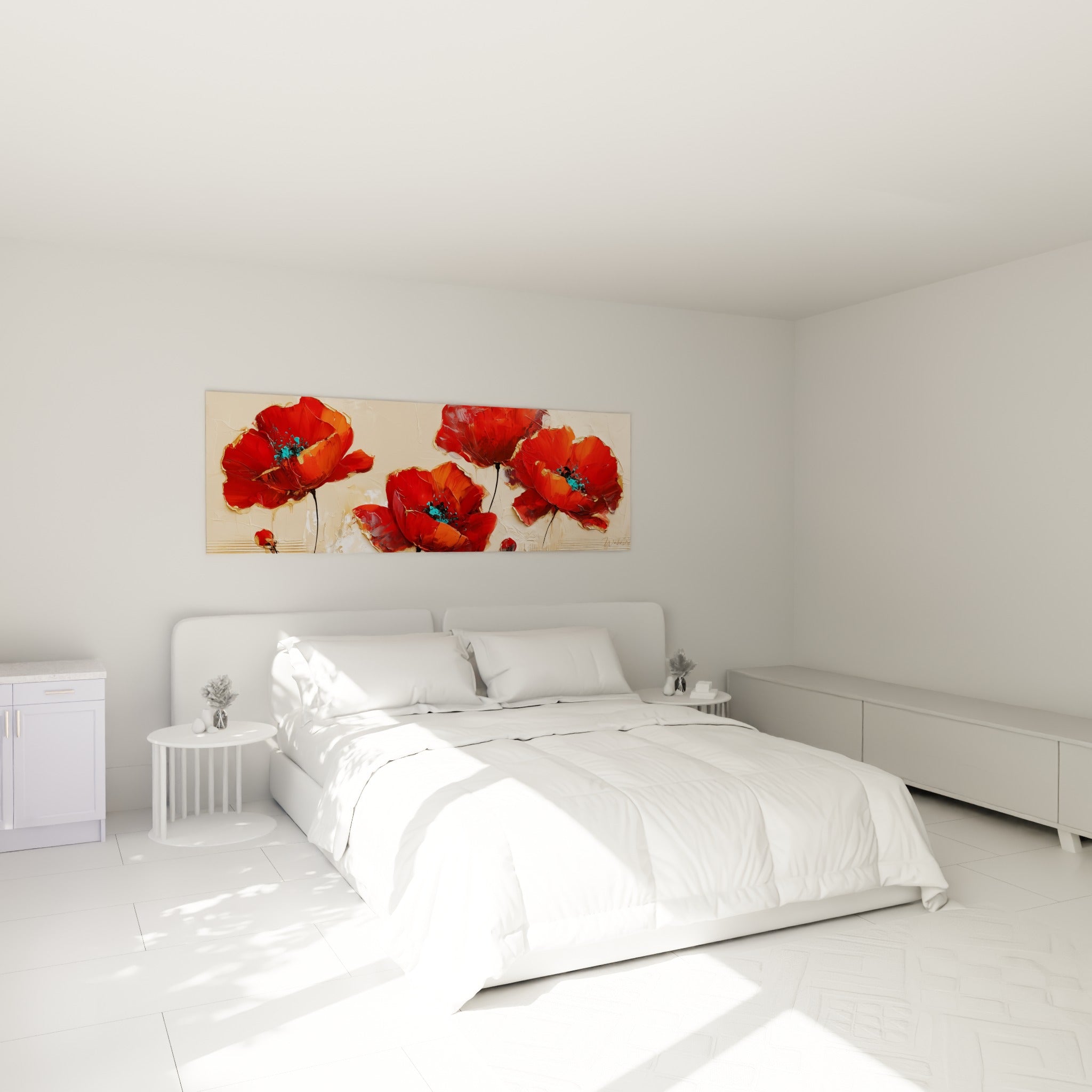 Fleurs de coquelicot rouge vif et doré au-dessus d'un lit dans une chambre claire