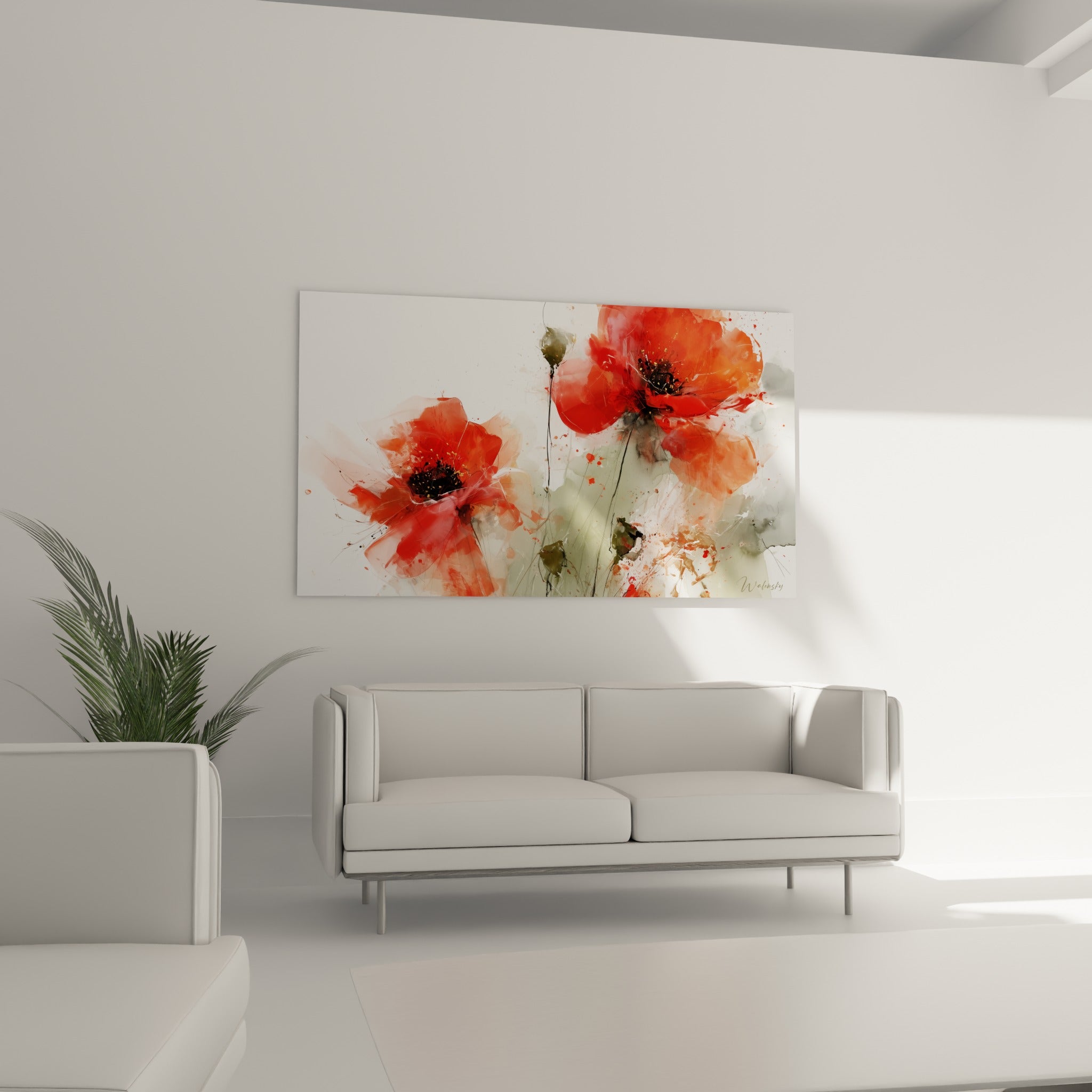 Fleurs de coquelicot rouge orangé aux éclats gris, disposées au-dessus d'un canapé dans un salon lumineux