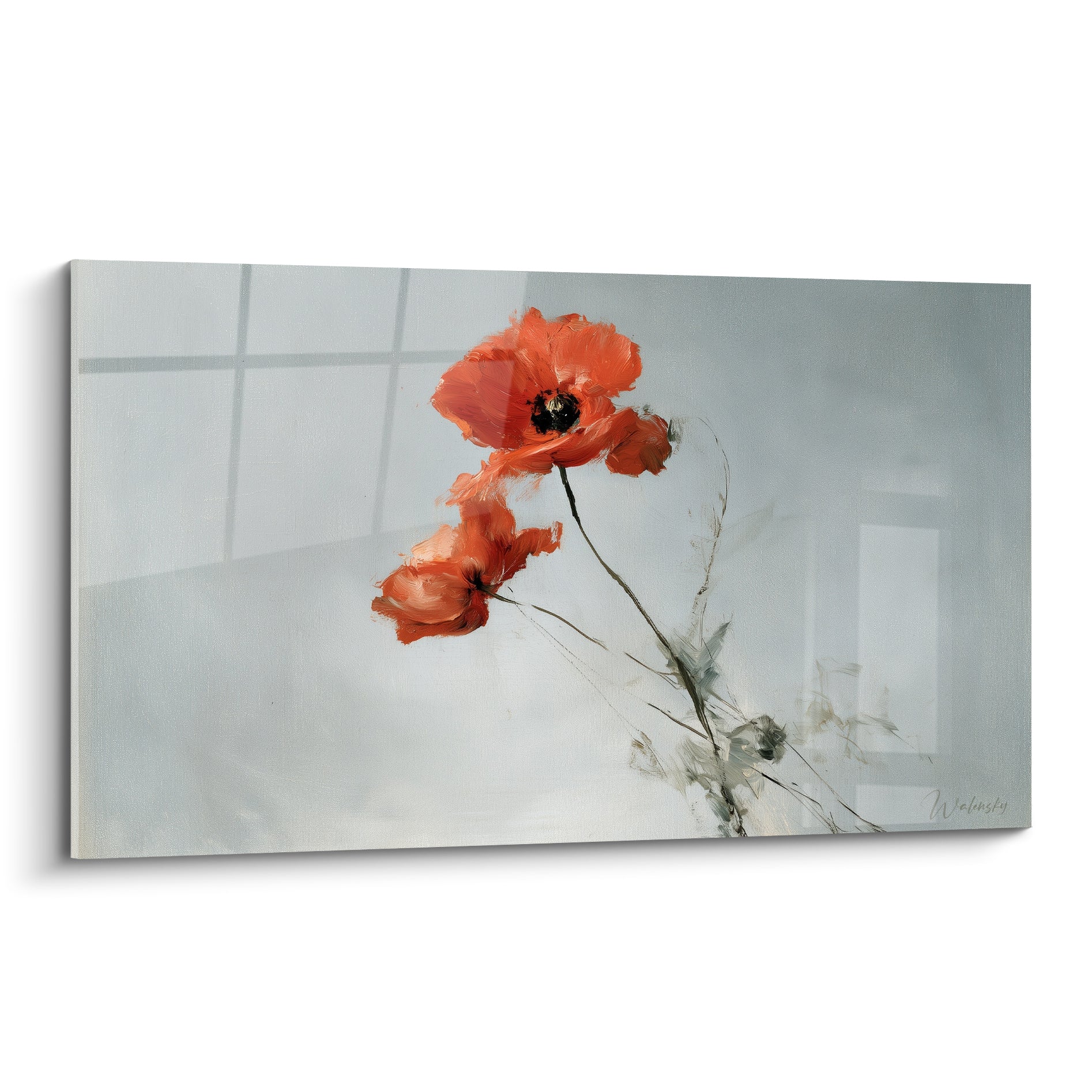 Coquelicot orangé aux pétales froissés sur fond gris brumeux, peinture expressive et délicate