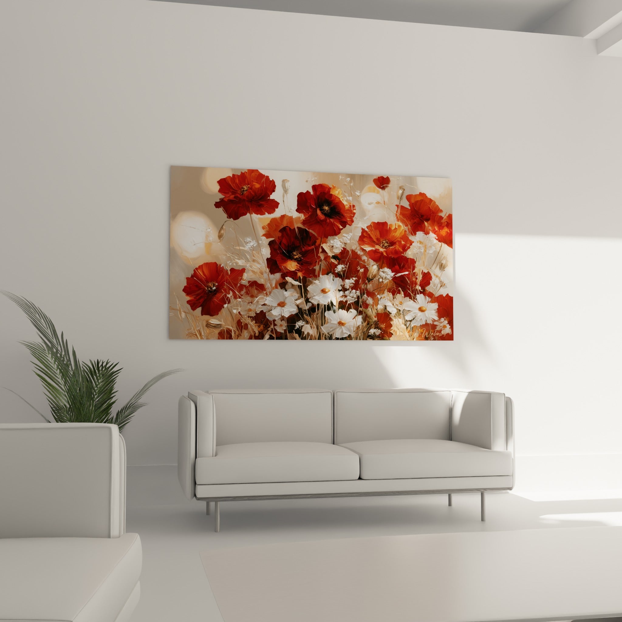 Fleurs de coquelicot terracotta et blanches disposées au-dessus d'un canapé dans un salon lumineux