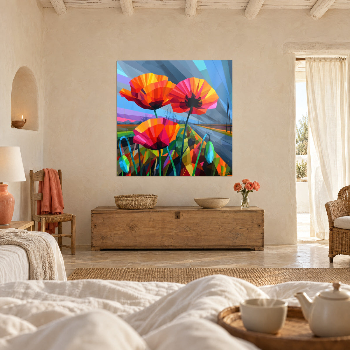 Schilderij met scharlaken en gele klaprozenbloemen, turquoise knoppen onderaan, boven een bed in een lichte slaapkamer