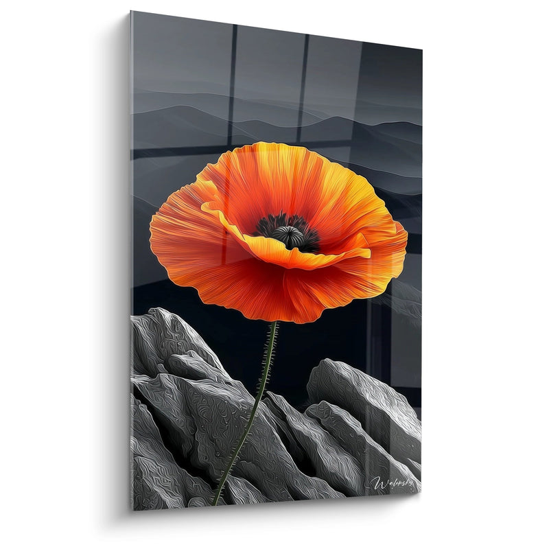 Quadro Fiore Arancione e Rosso su Sfondo Montagnoso Grigio - Splendore Solitario - Edizione Papavero