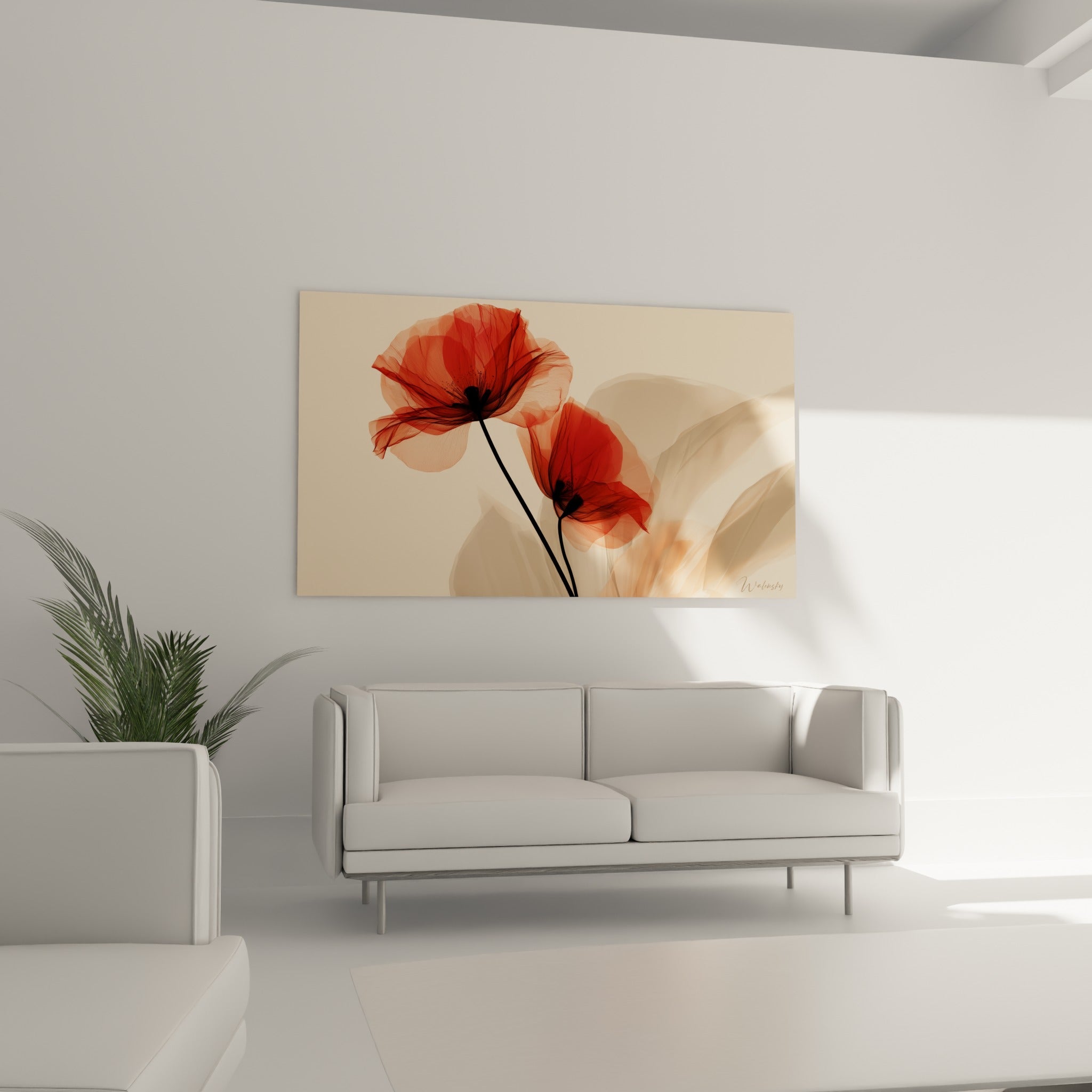 Pétales de coquelicot orangé et beige rosé accrochés au-dessus d'un canapé dans un salon lumineux