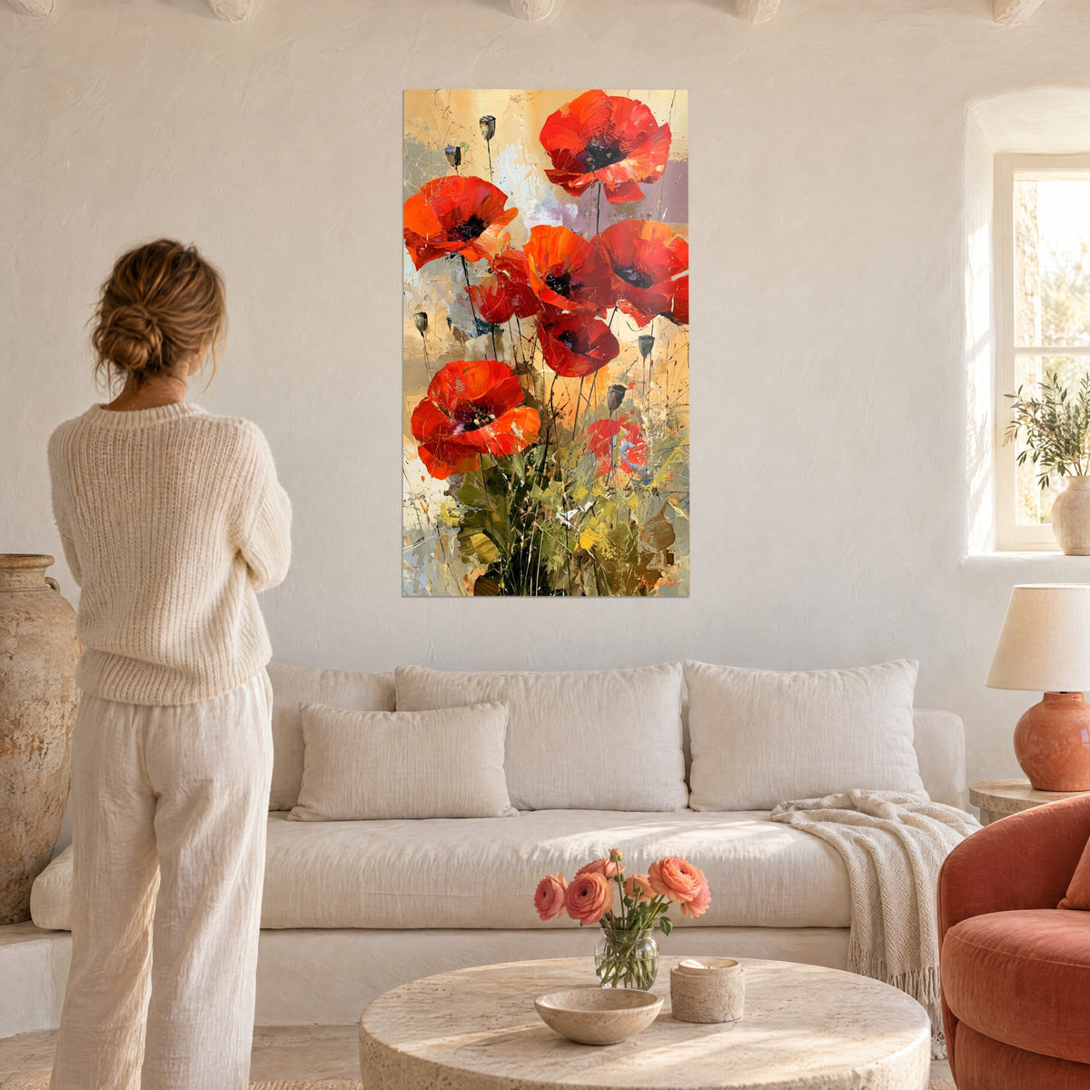 Quadro papaveri scarlatti con capsule nere su sfondo beige dorato, una donna di spalle sopra un divano in un soggiorno luminoso