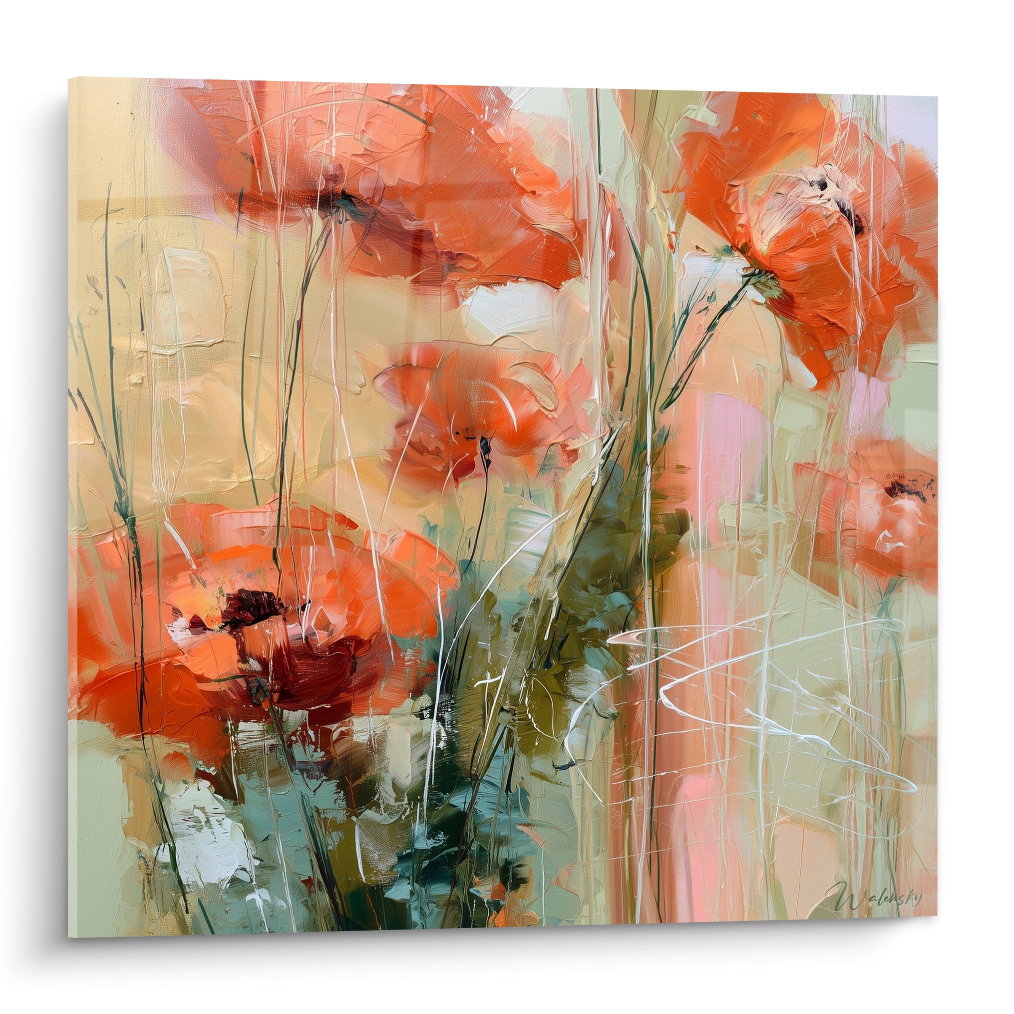 Coquelicots orange et rouge profond peints à larges touches sur fond crème doré expressif