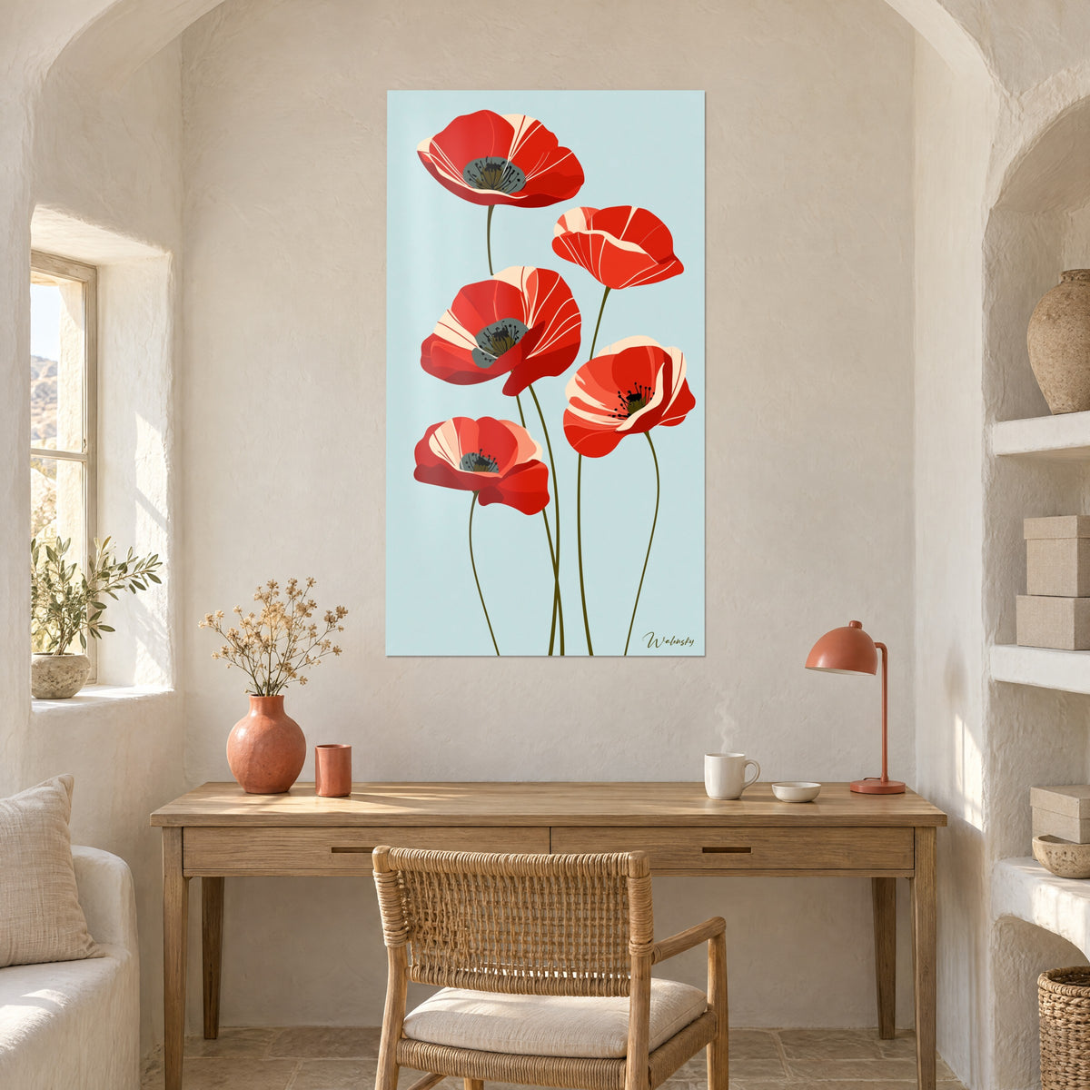 Quadro grandi fiori di papavero rossi e crema su sfondo azzurro ghiaccio, steli oliva, sopra una scrivania in legno chiaro
