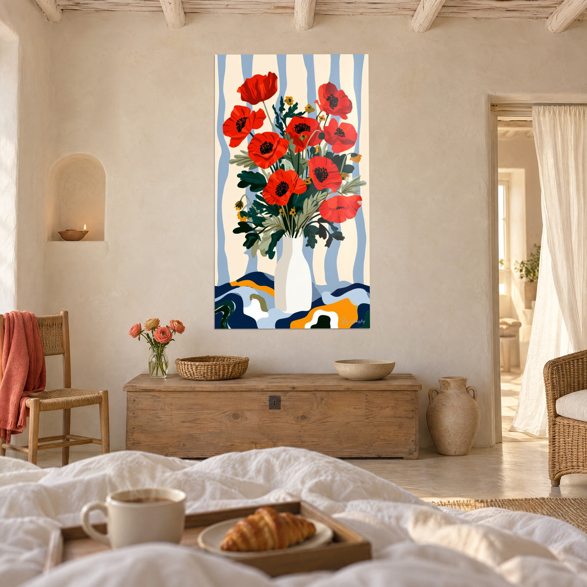 Wall art red poppies standing upright in an ivory vase, blue and cream striped background, above a bed in a bright bedroom