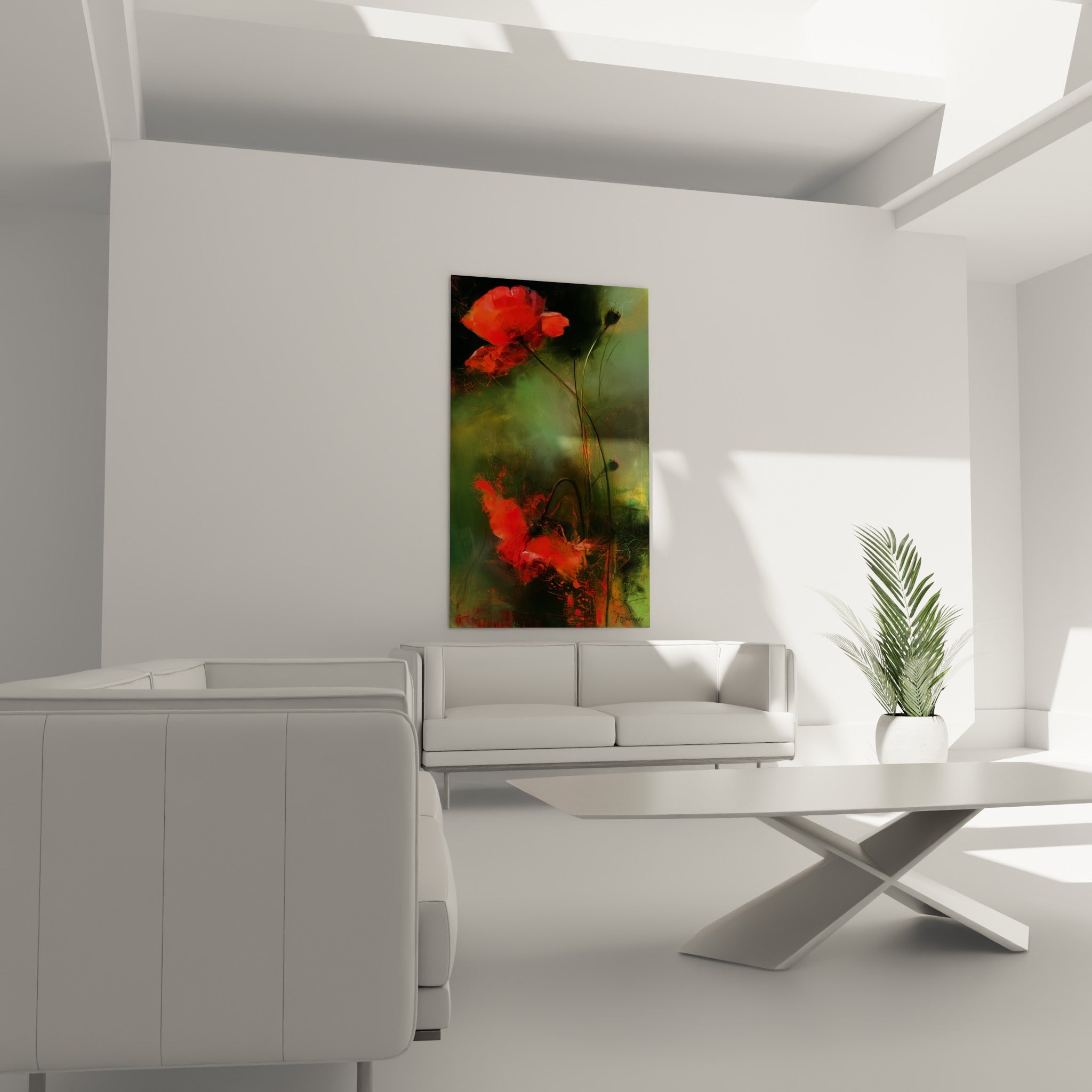 Pétales rouges et fond vert anthracite d'un coquelicot peint, au-dessus d'un canapé dans un salon lumineux
