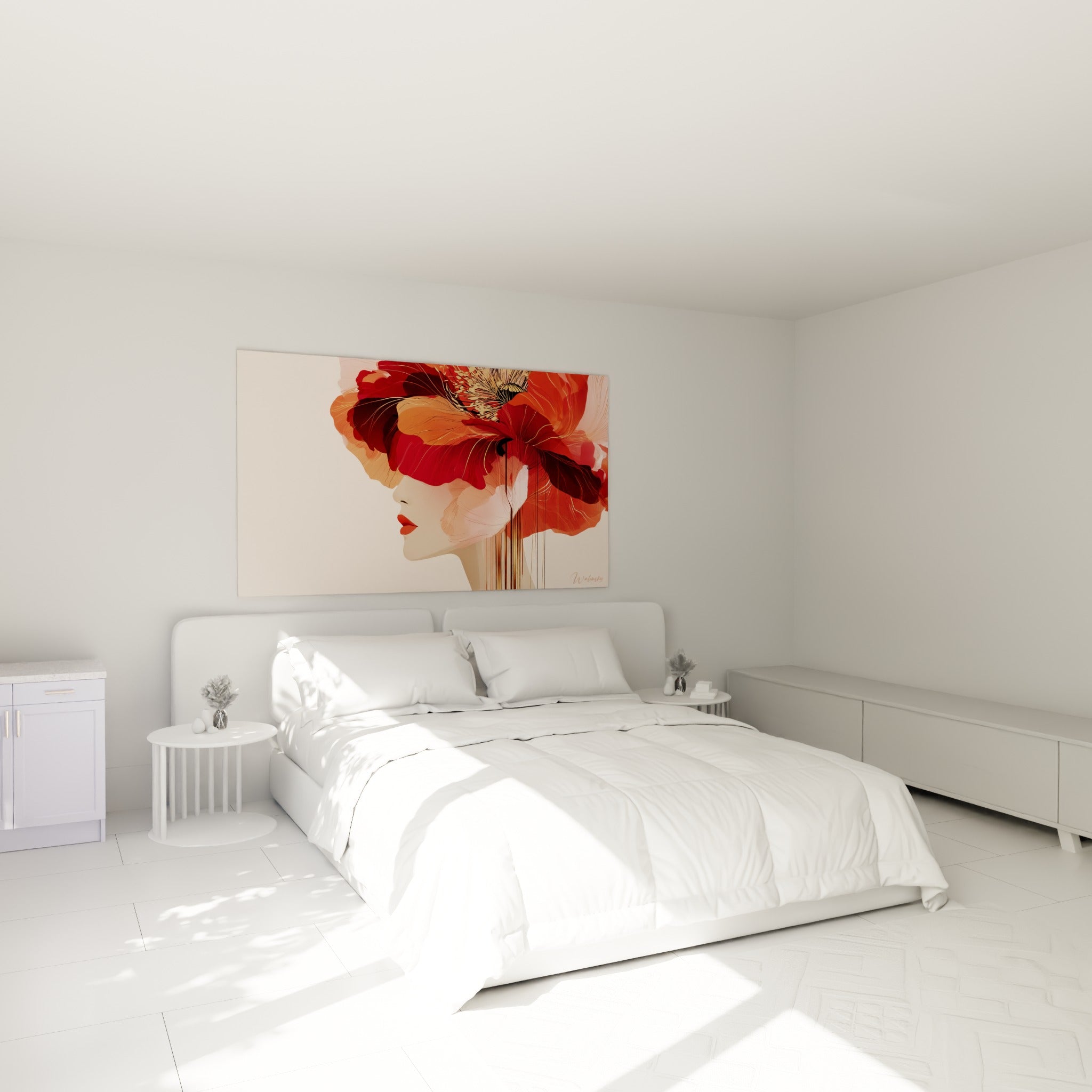 Coquelicot rouge bordeaux et doré fusionné à un visage, accroché au-dessus d'un lit dans une chambre claire