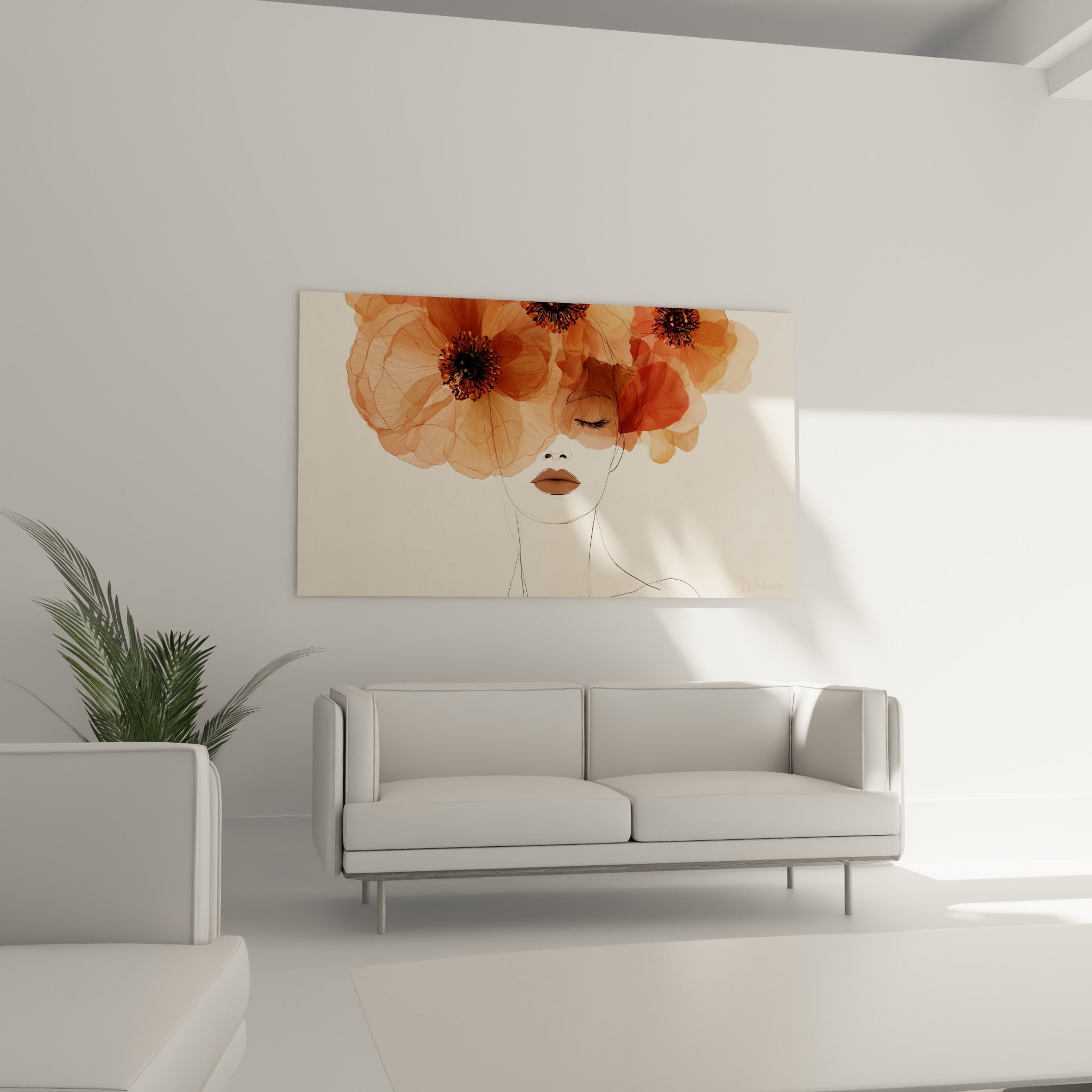 Visage endormi sous des coquelicots ocre et terracotta, accroché au-dessus d'un canapé dans un salon lumineux