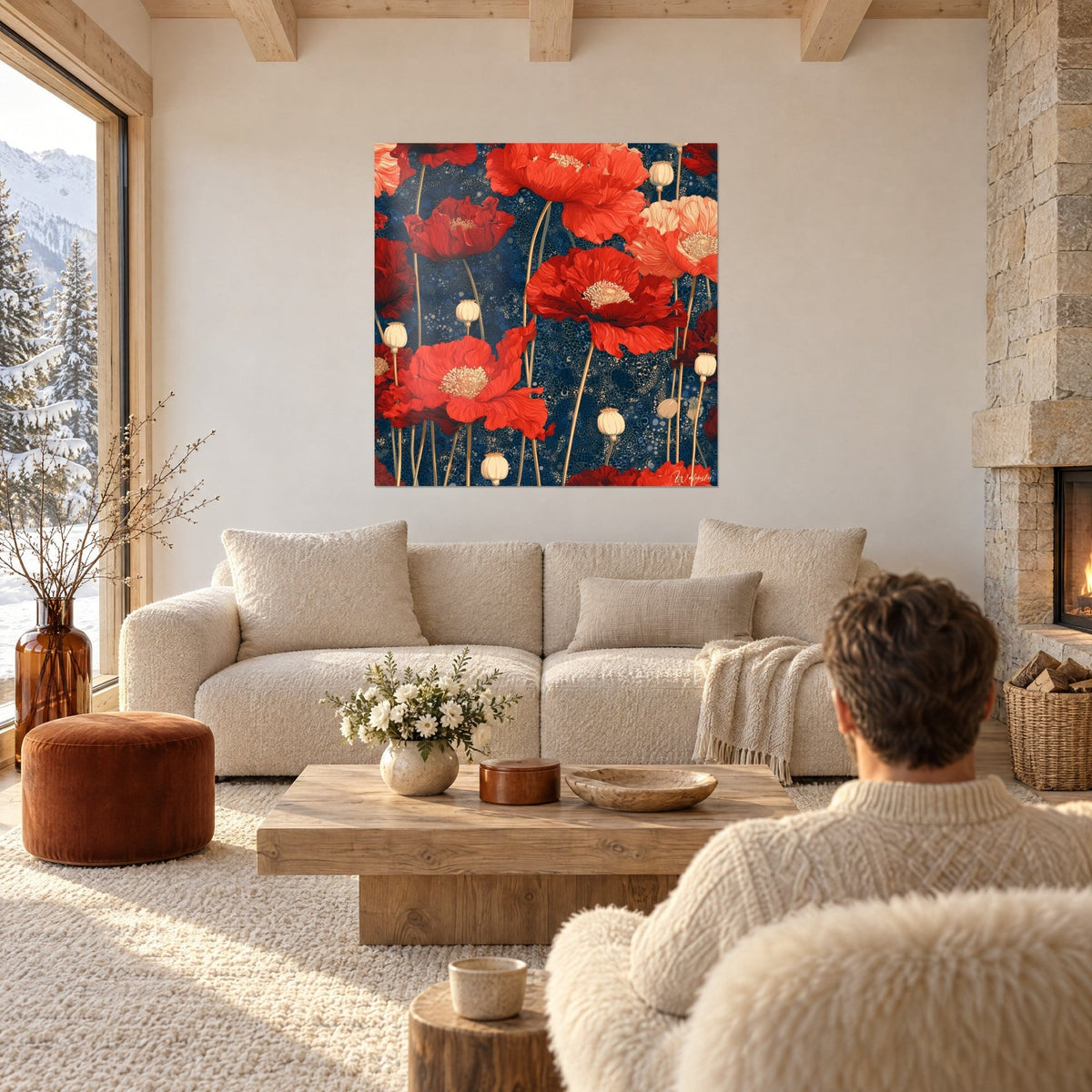 Tableau coquelicots écarlates sur fond bleu nuit, pétales froissés et pistils crème, au-dessus d'un canapé dans un salon lumineux