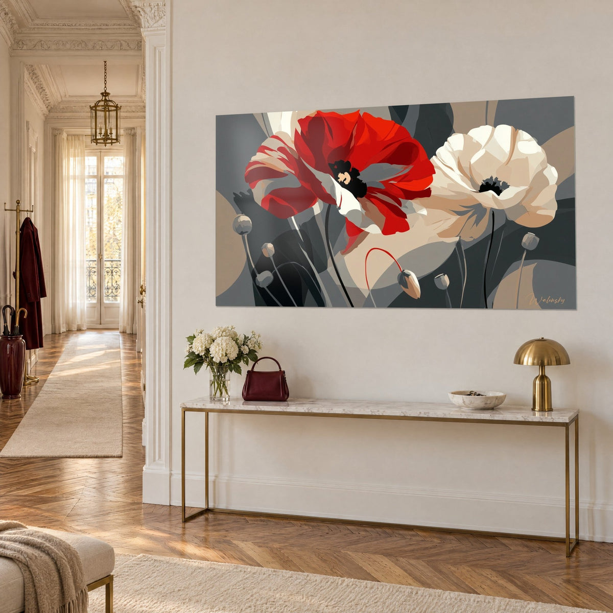 Tableau fleurs de pavot écarlate et crème aux cœurs noirs, boutons gris, vu de trois quarts sur un mur beige, console dorée