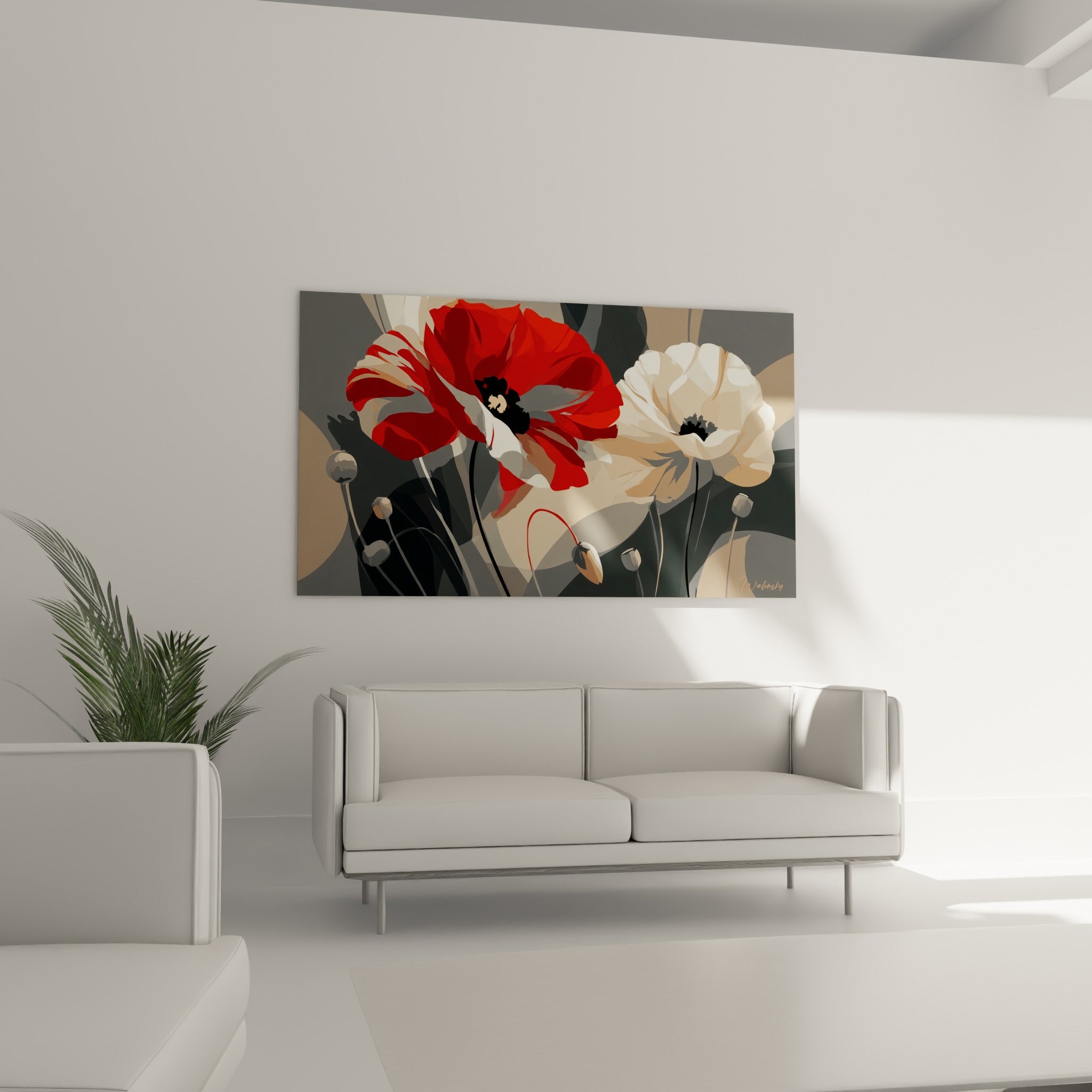 Pétales rouge intense et crème du coquelicot dominent un canapé dans un salon lumineux et sobre