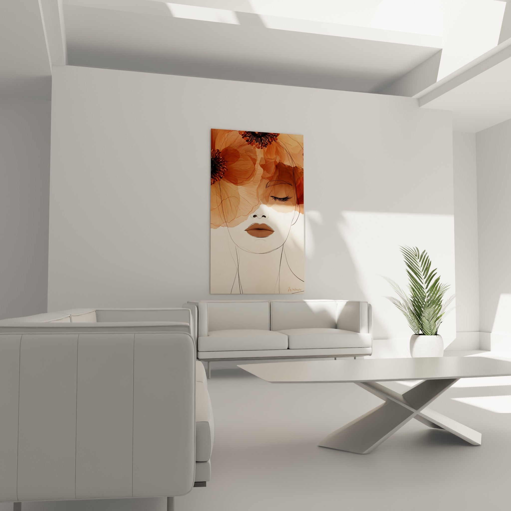 Femme au trait fin noyée de pétales ocre et cuivrés, suspendue au-dessus d'un canapé dans un salon lumineux