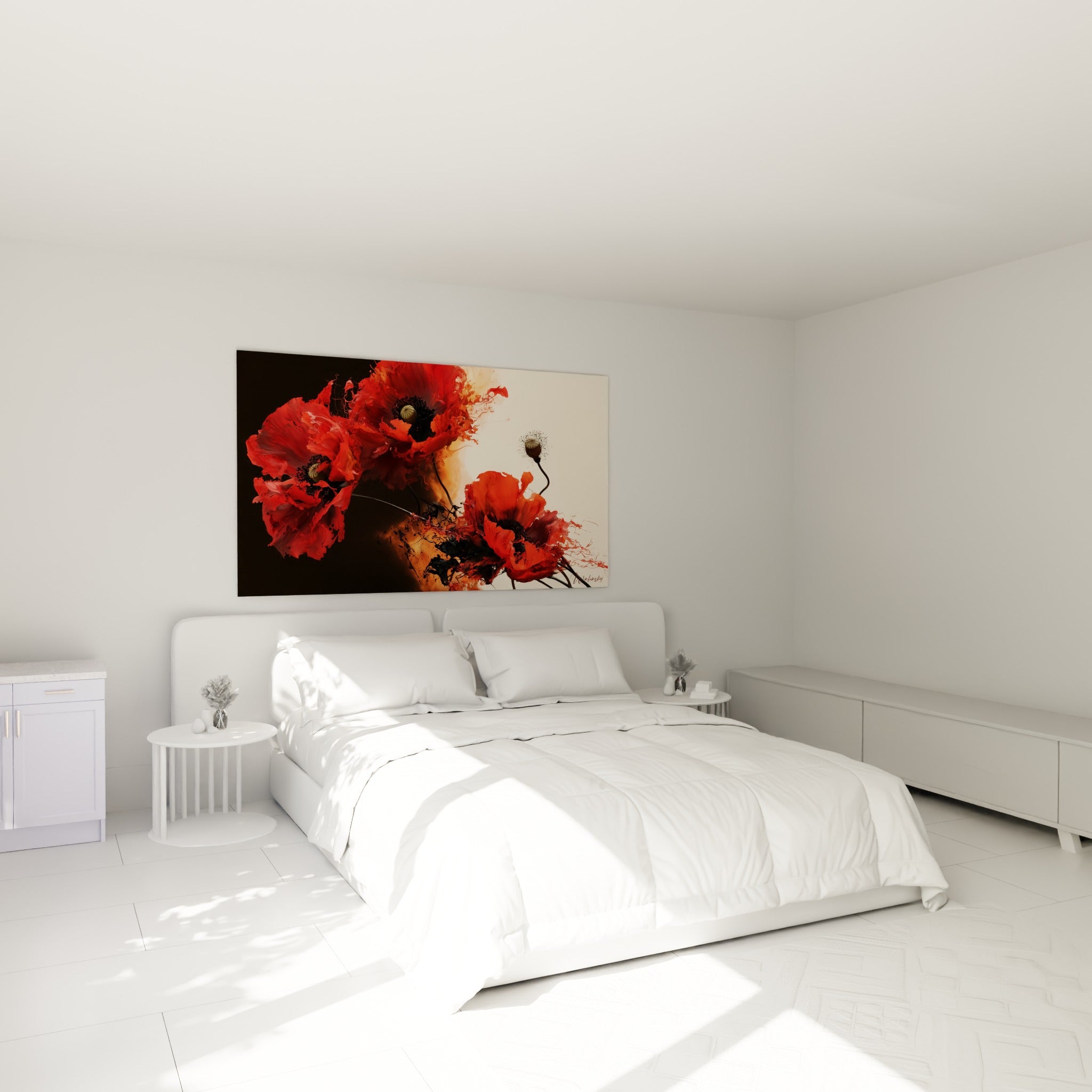 Pétales de coquelicot rouge et orangé en mouvement, au-dessus d'un lit dans une chambre claire