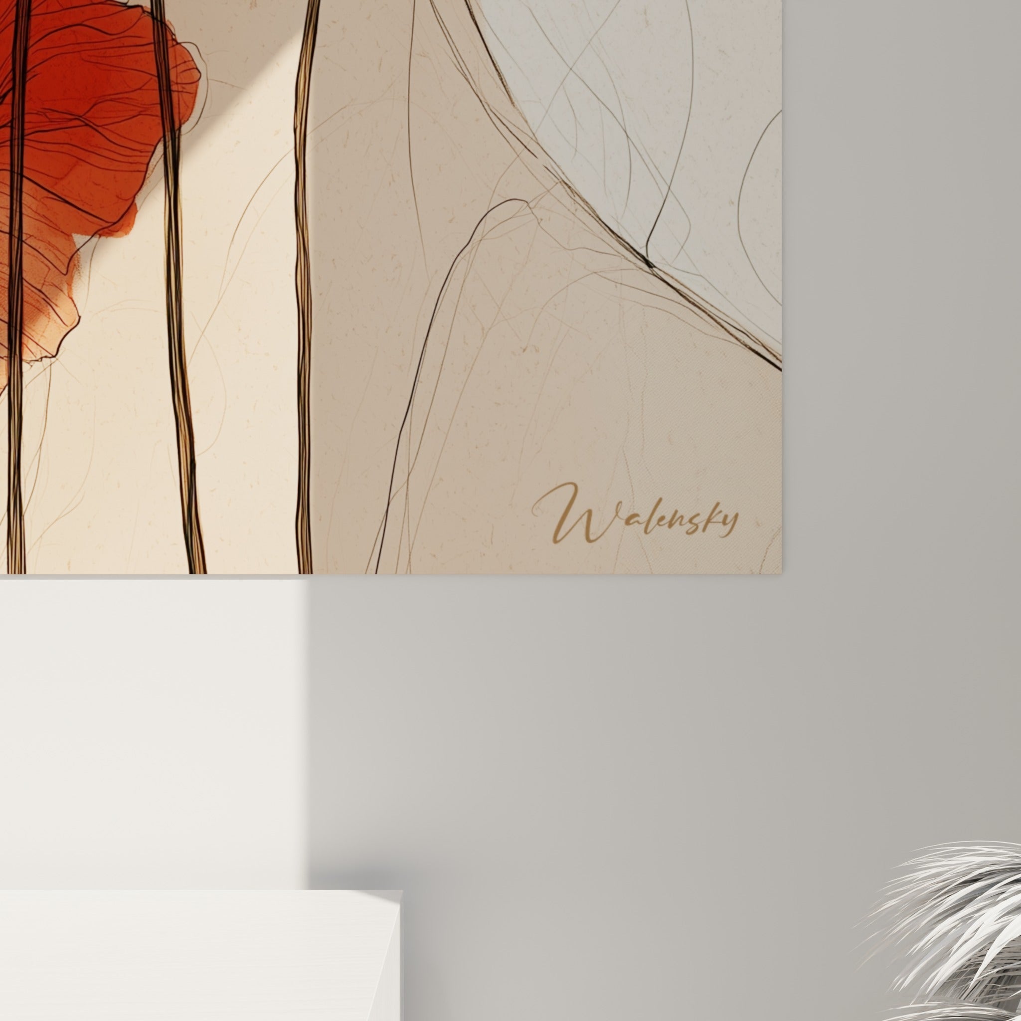 Détail des pétales vermillon et du grain de l'impression sur ce tableau coquelicot au trait fin