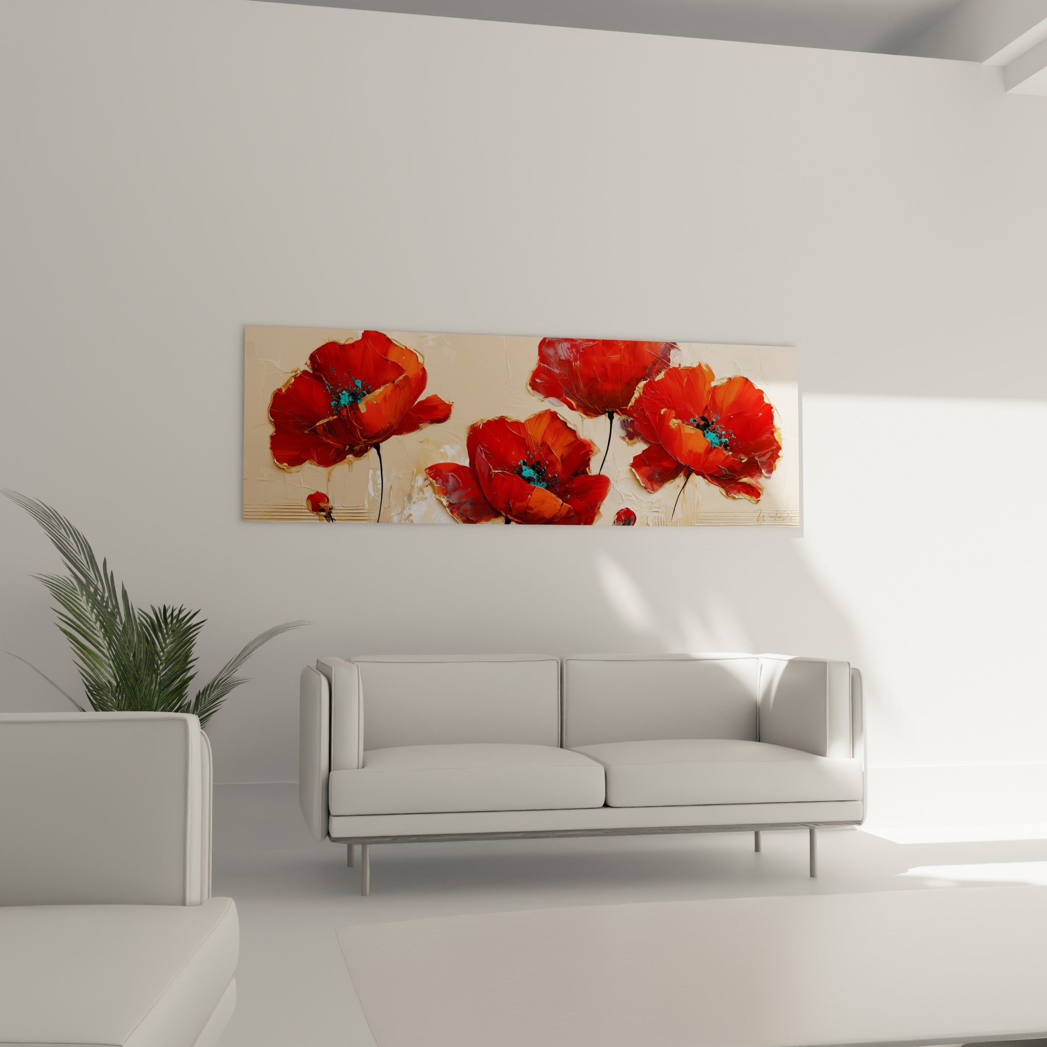 Pétales de coquelicot orangés et bords dorés au-dessus d'un canapé dans un salon lumineux
