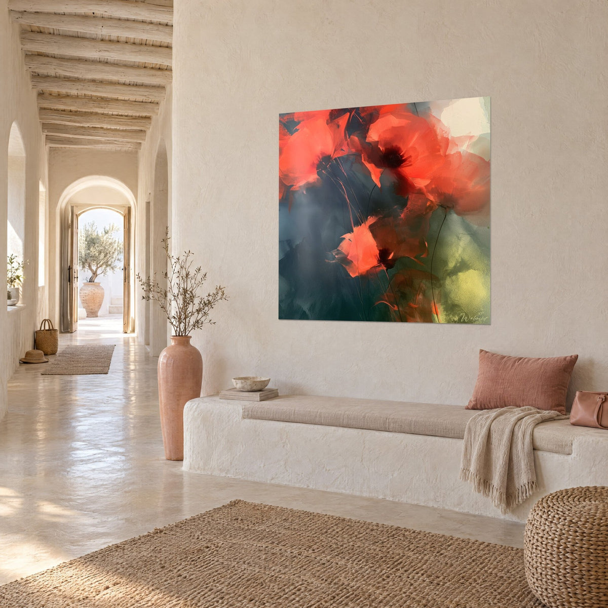 Wall art vivid orange poppy blooms with translucent petals on slate blue, olive green touches, seen at three-quarter angle in an arched hallway