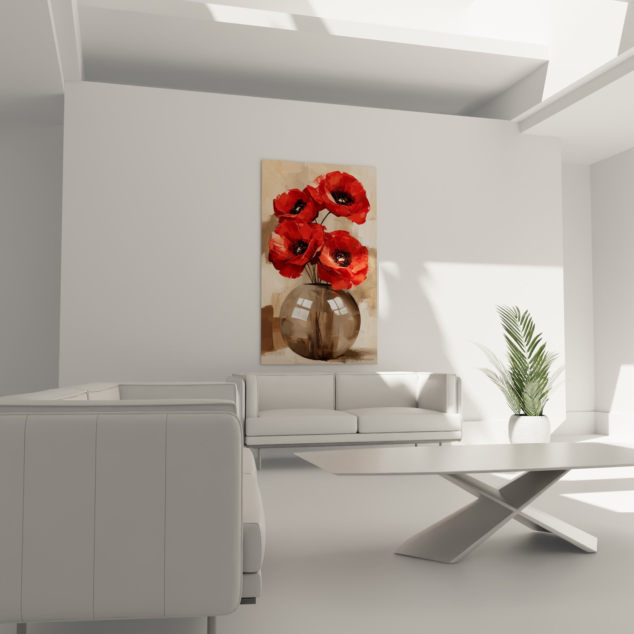 Fleurs rouges sur fond brun texturé, tableau accroché au-dessus d'un canapé dans un salon lumineux