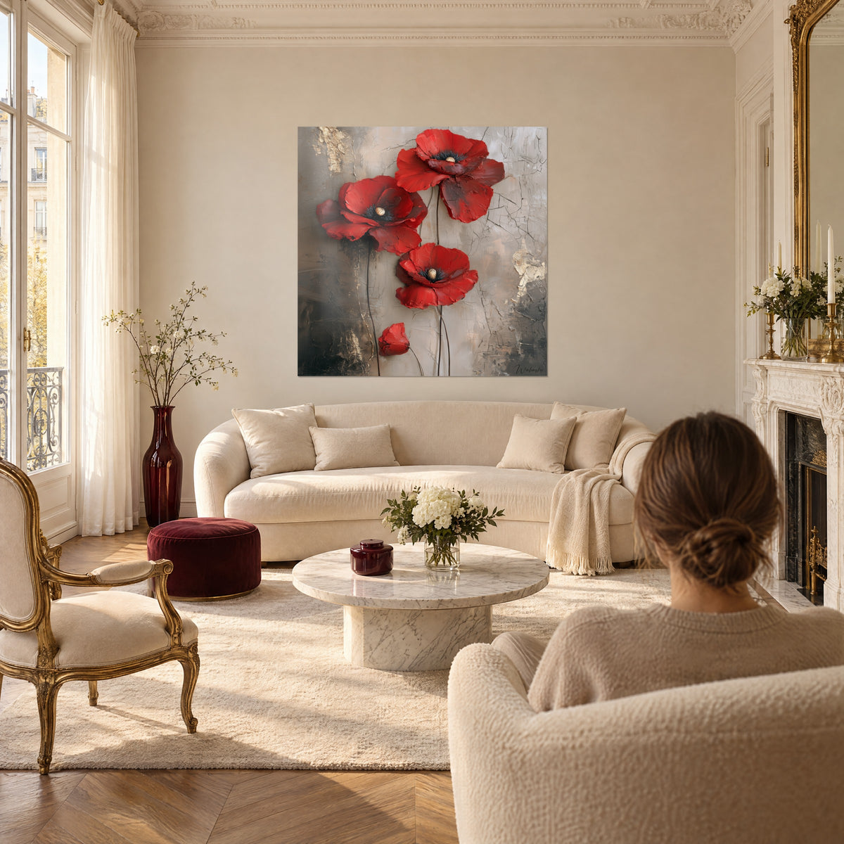 Wall art with embossed vermilion red poppies on cracked taupe grey background, black hearts, above a sofa in a bright living room