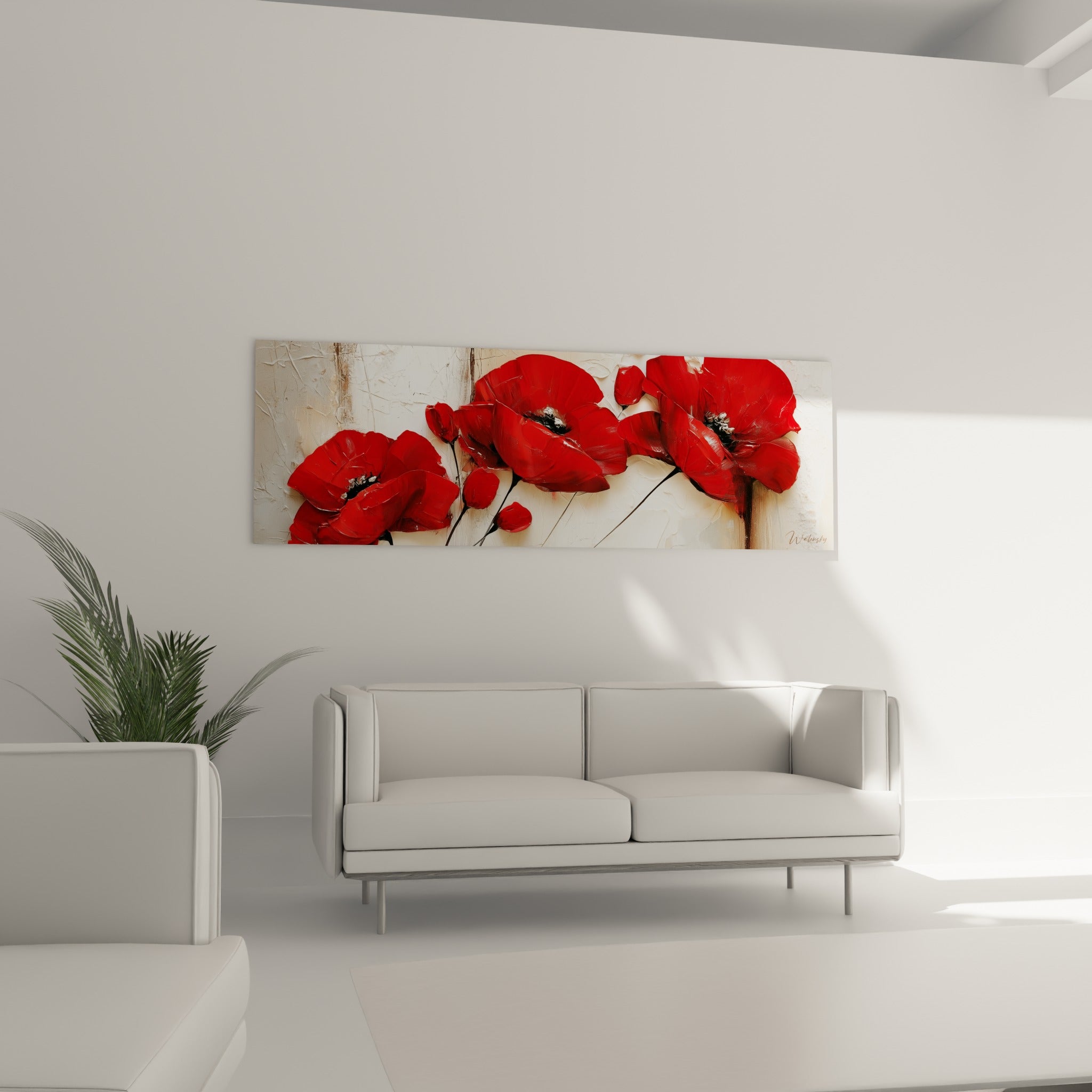 Pétales rouges et cœurs noirs contrastent sur fond crème au-dessus d'un canapé dans un salon lumineux.