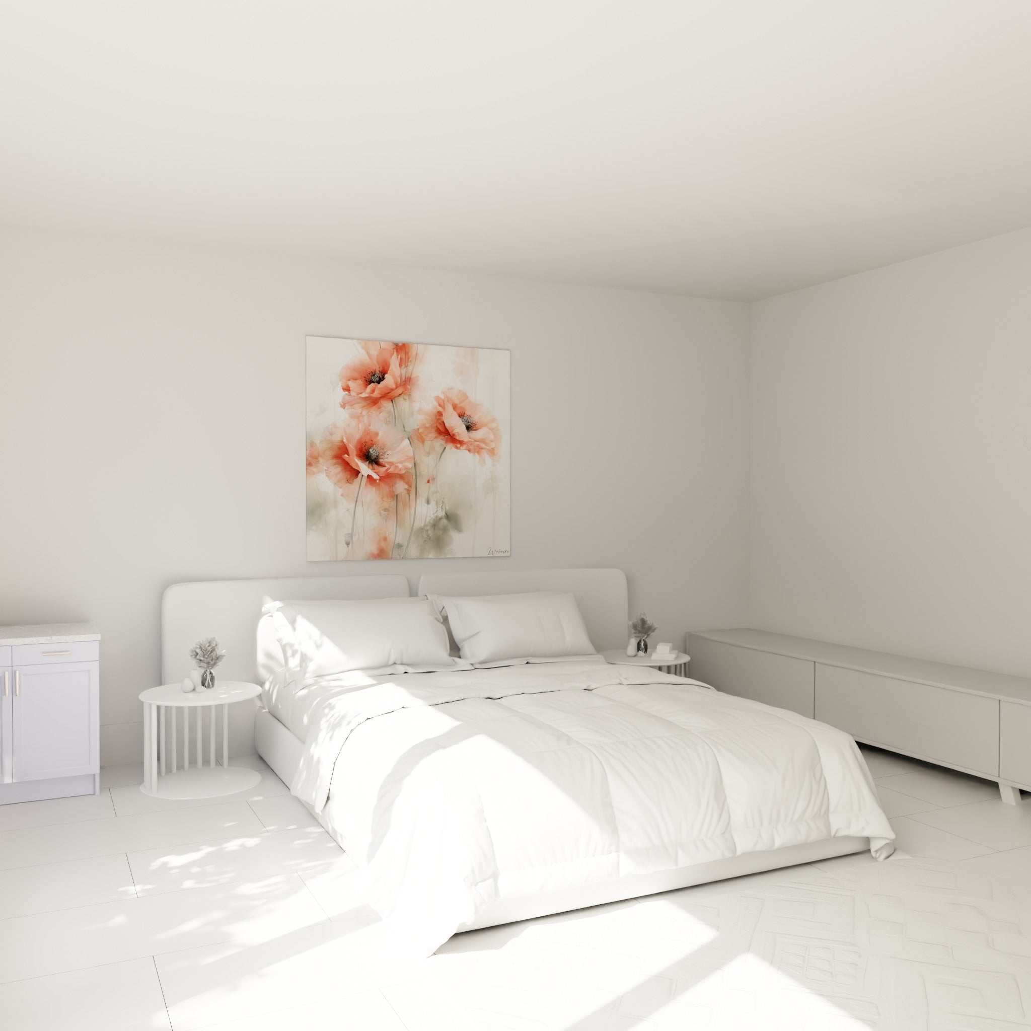Quatre coquelicots corail délicats au-dessus d'un lit dans une chambre claire et apaisante