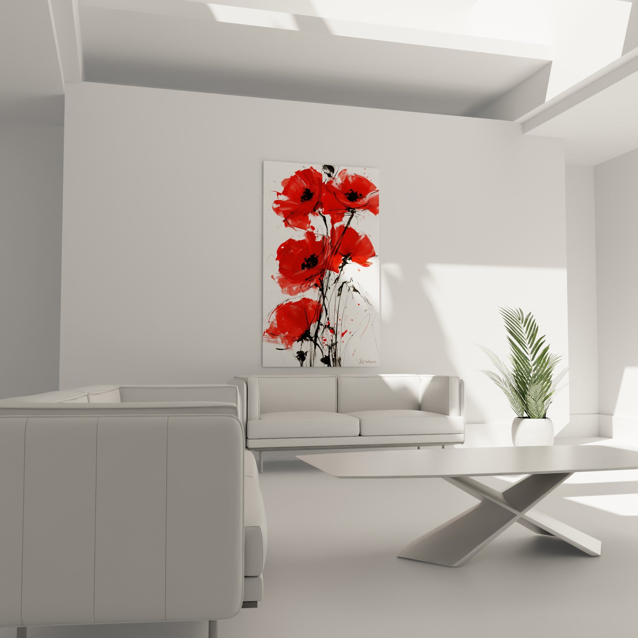 Fleurs de coquelicot rouge vif et tiges noires graphiques au-dessus d'un canapé dans un salon lumineux