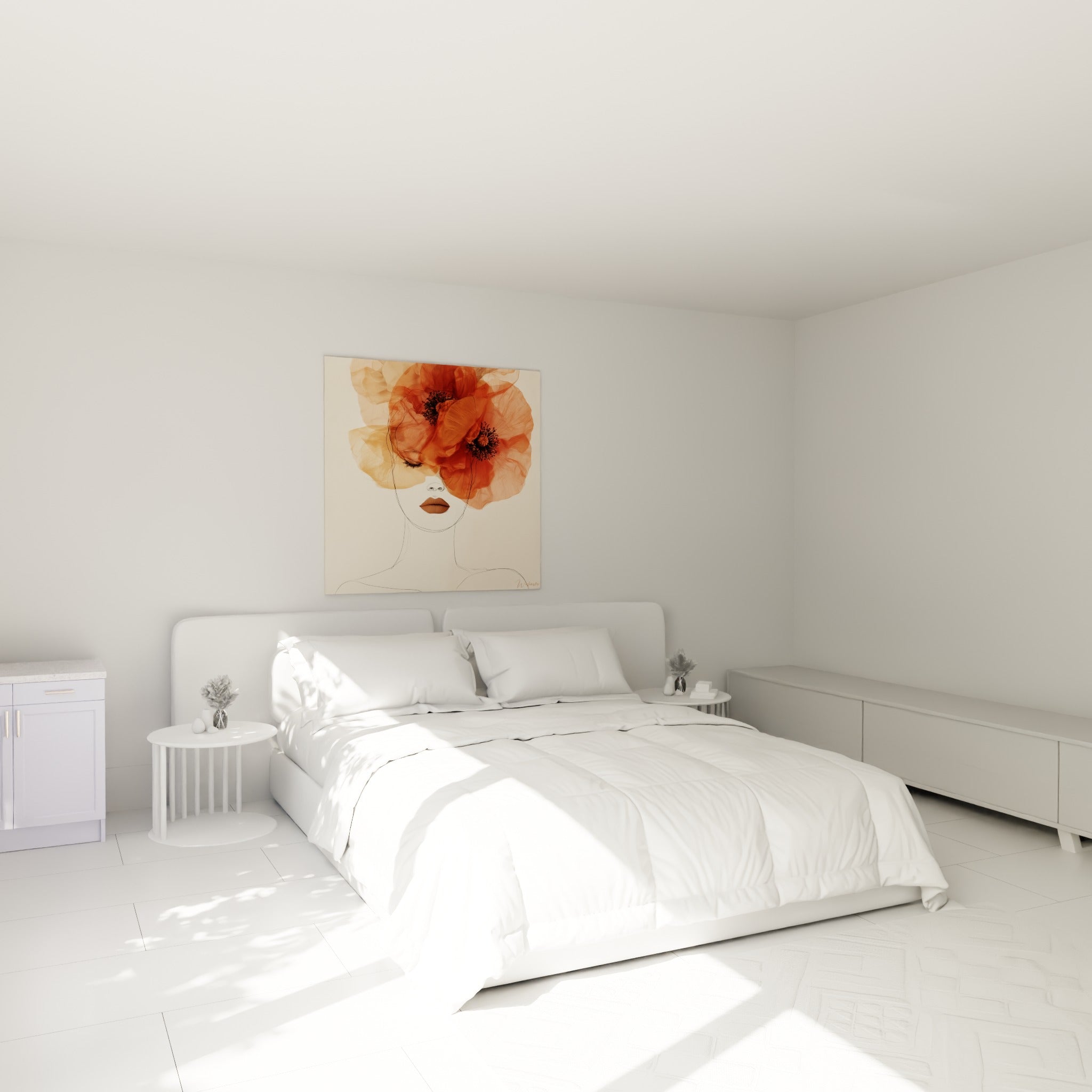 Coquelicots terracotta et brun surplombant un visage dessiné au trait, au-dessus d'un lit dans une chambre claire